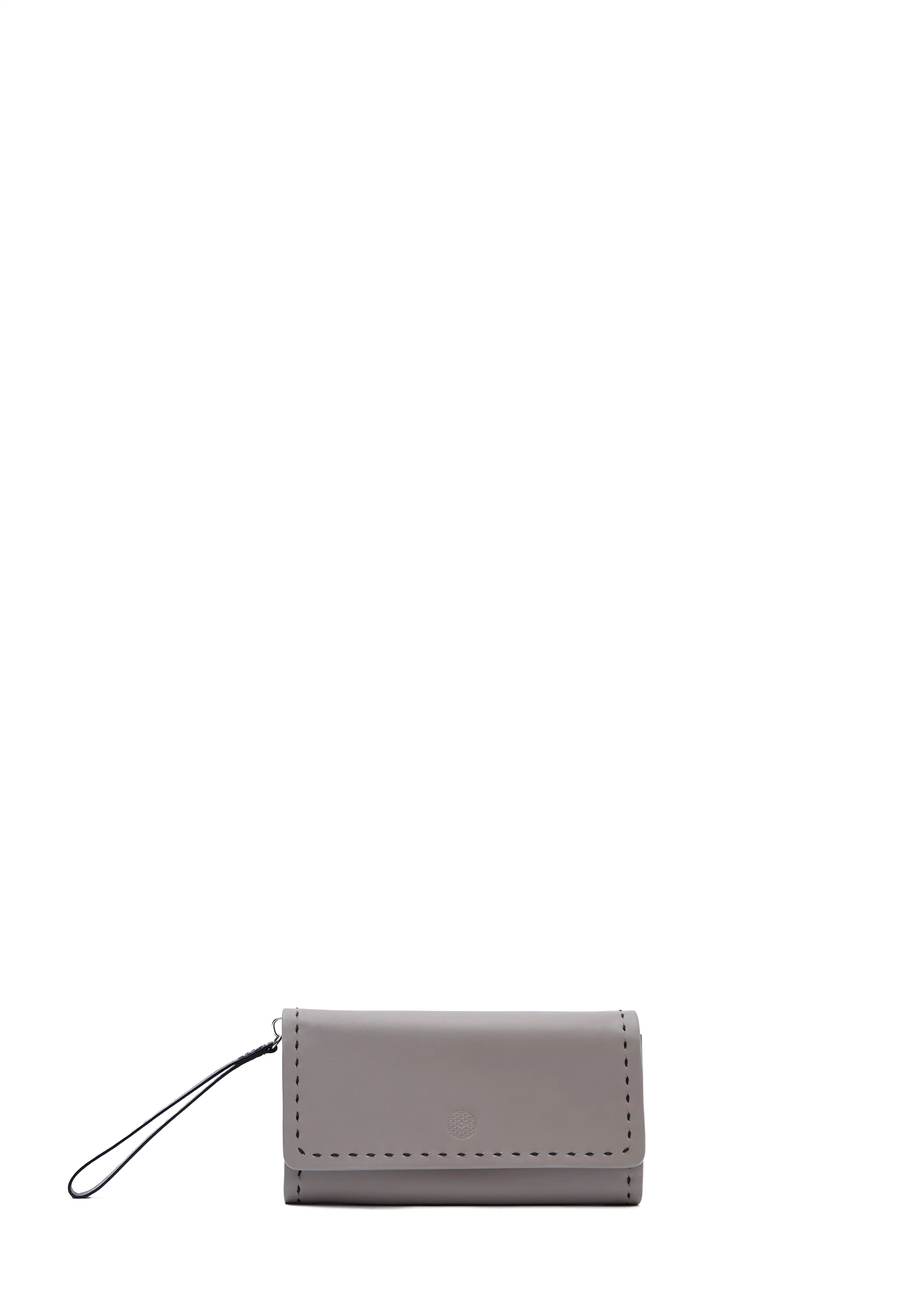 Front view of the Philini Birgit Wallet in taupe nappa leather, rectangular shape with front flap, short flat handle, stamped logo, and hand-stitched sides. Handmade minimalist leather wallet