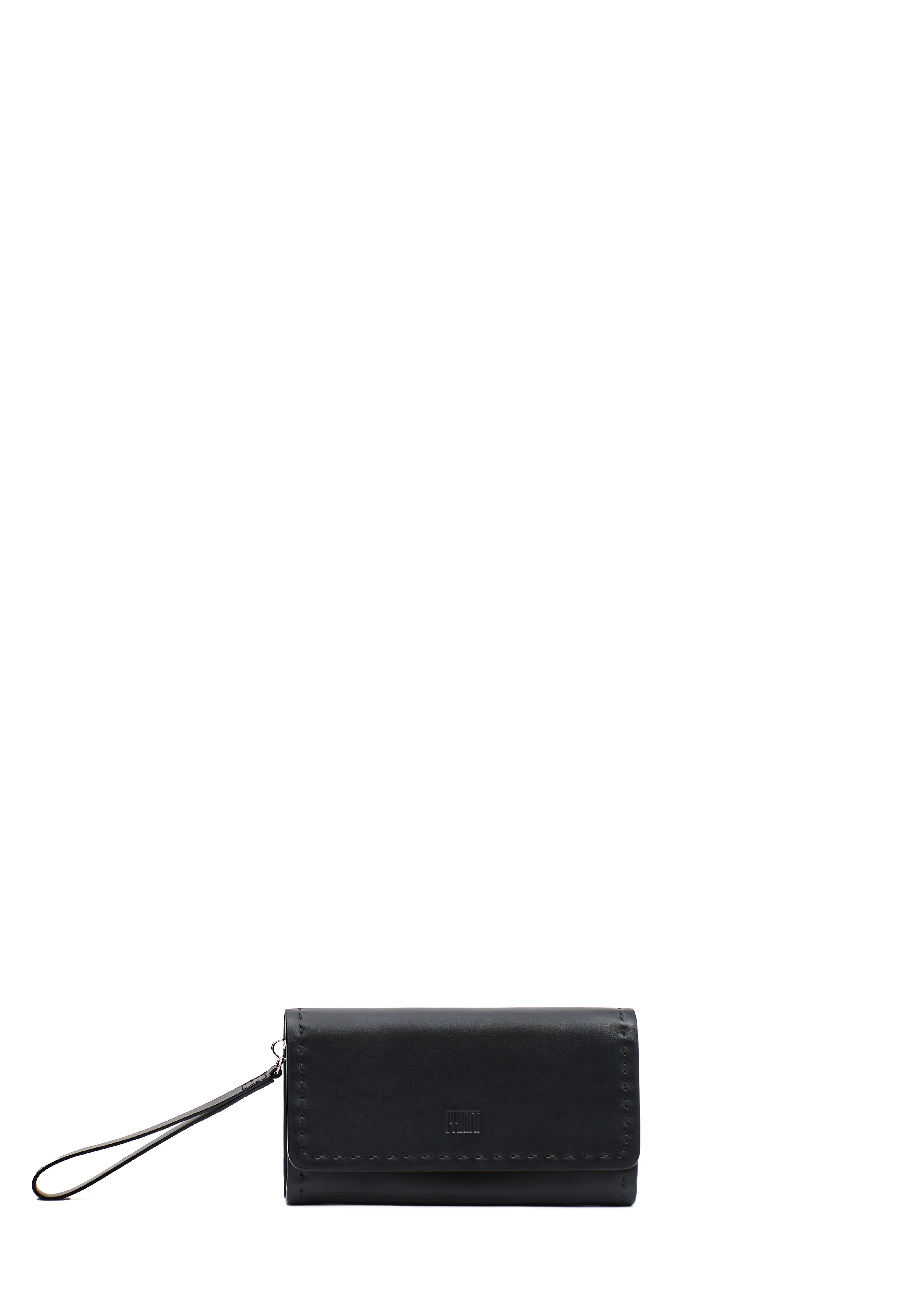 Front view of Philini Birgit Wallet in black nappa leather with front flap, flat handle, stamped Philini logo, and hand-stitched sides. Minimalistic handmade designer wallet