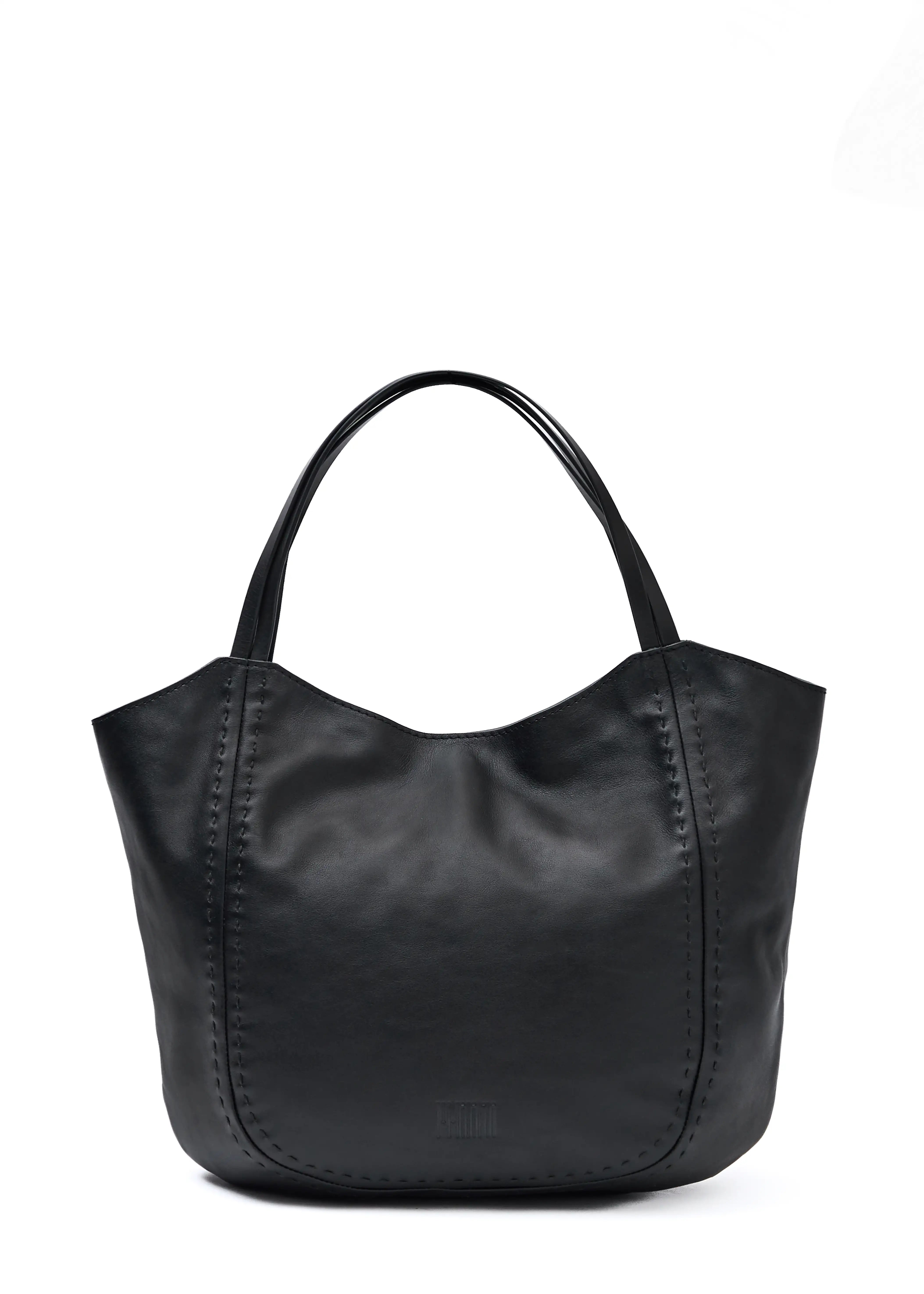Front view of the Philini Charlotte Tote Bag in black aniline calf leather, featuring two double flat leather handles and subtle hand-stitched accents. This luxury leather tote bag is a high-quality, perfect as a classic rectangular purse for everyday wear