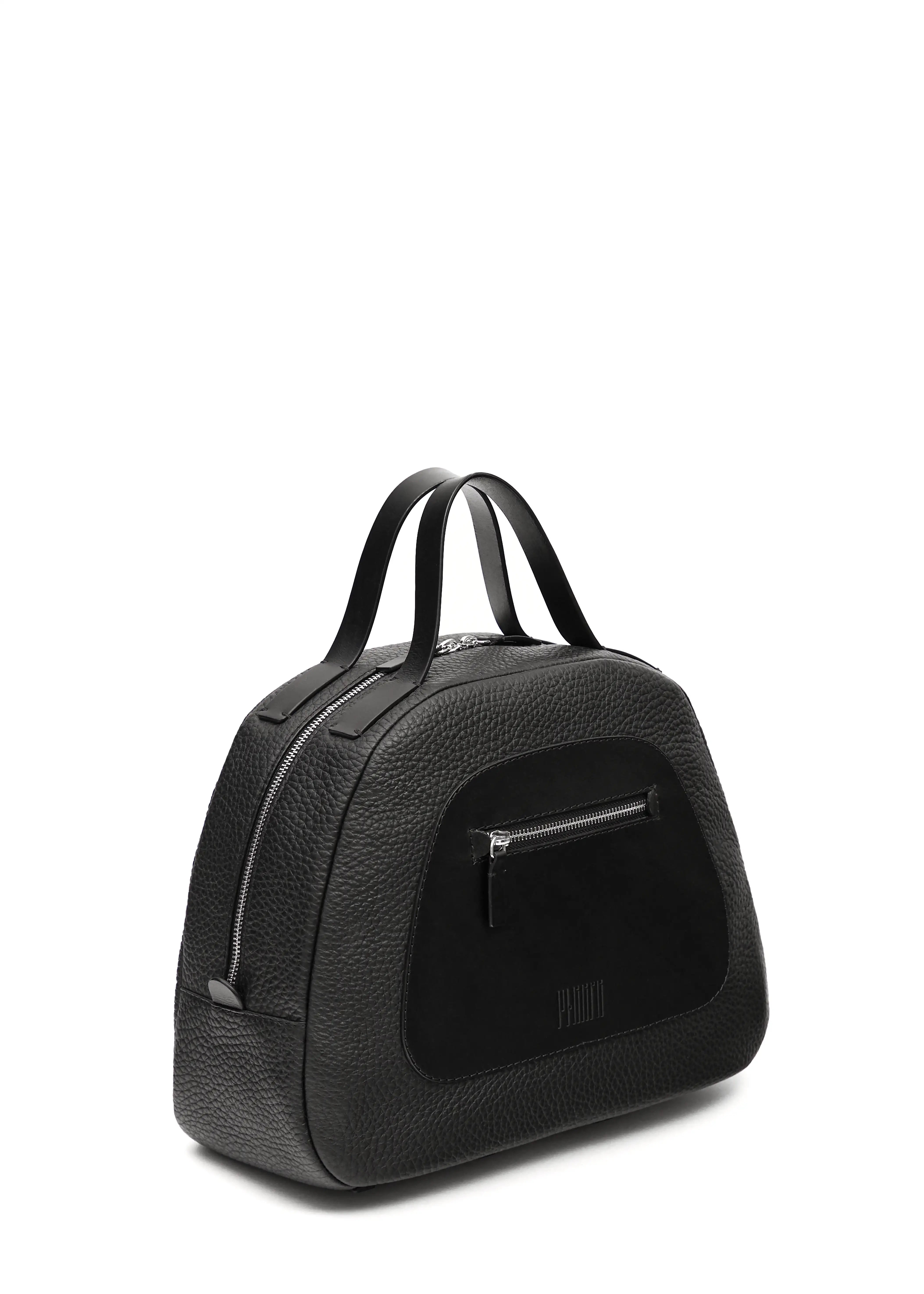 Side 3/4 view of the Philini Domi Black Dome Handbag, crafted from black buffalo leather with a full-grain leather front zip pocket, short handles, and silver rivet and zipper accents. This sustainable, handcrafted luxury handbag.