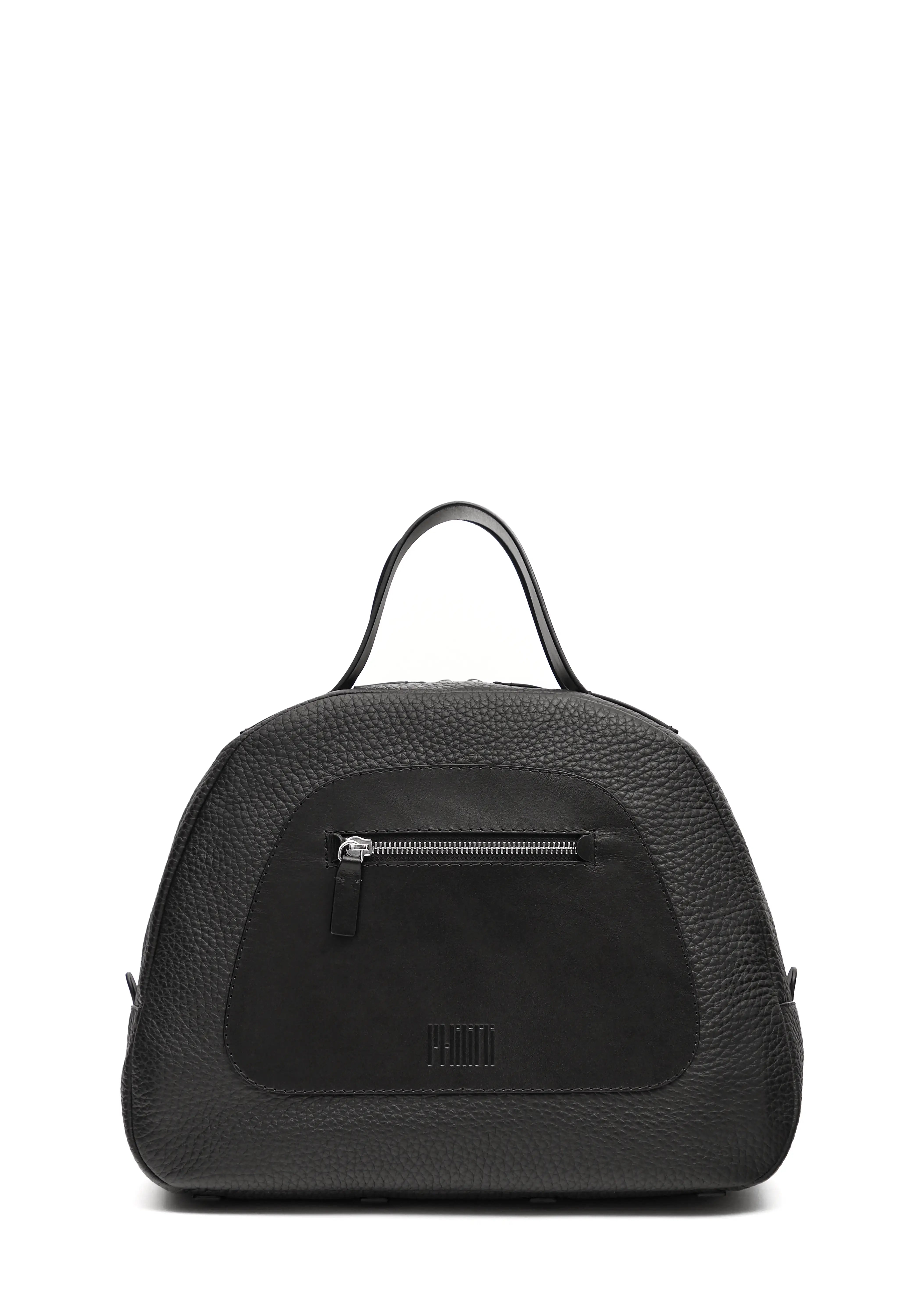 Front view of the Philini Domi Black Dome Handbag, crafted from black buffalo leather with a full-grain leather zip pocket, short handles, and silver rivets and zipper. This handcrafted luxury leather bag is a timeless accessory. 