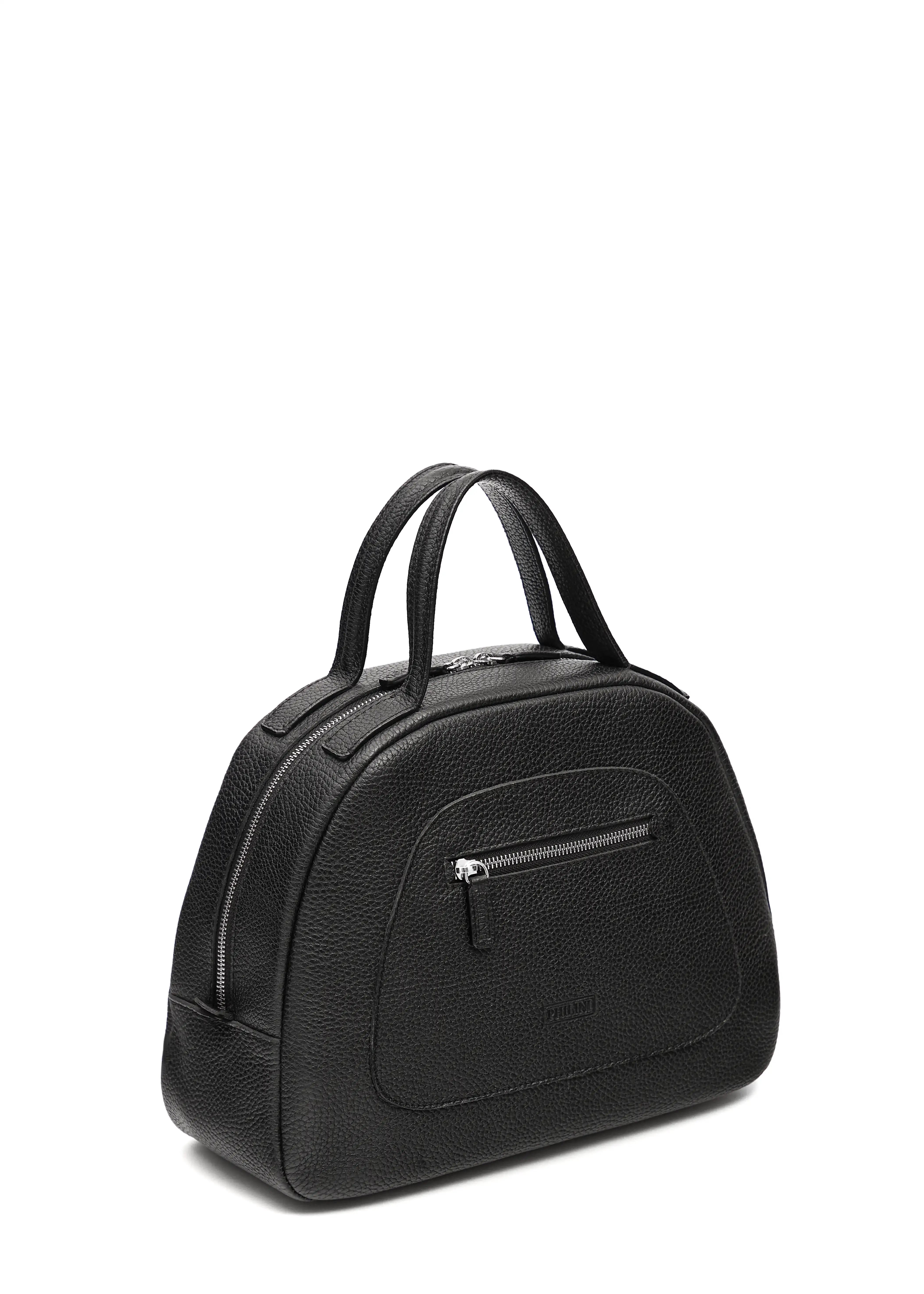Side 3/4 view of the Philini Domi Black dome-shaped handbag, handcrafted from premium buffalo leather. Features include a front zip pocket, short handles, and silver rivet and zipper details. A sustainable, eco-conscious luxury accessory and timeless wardrobe essential.