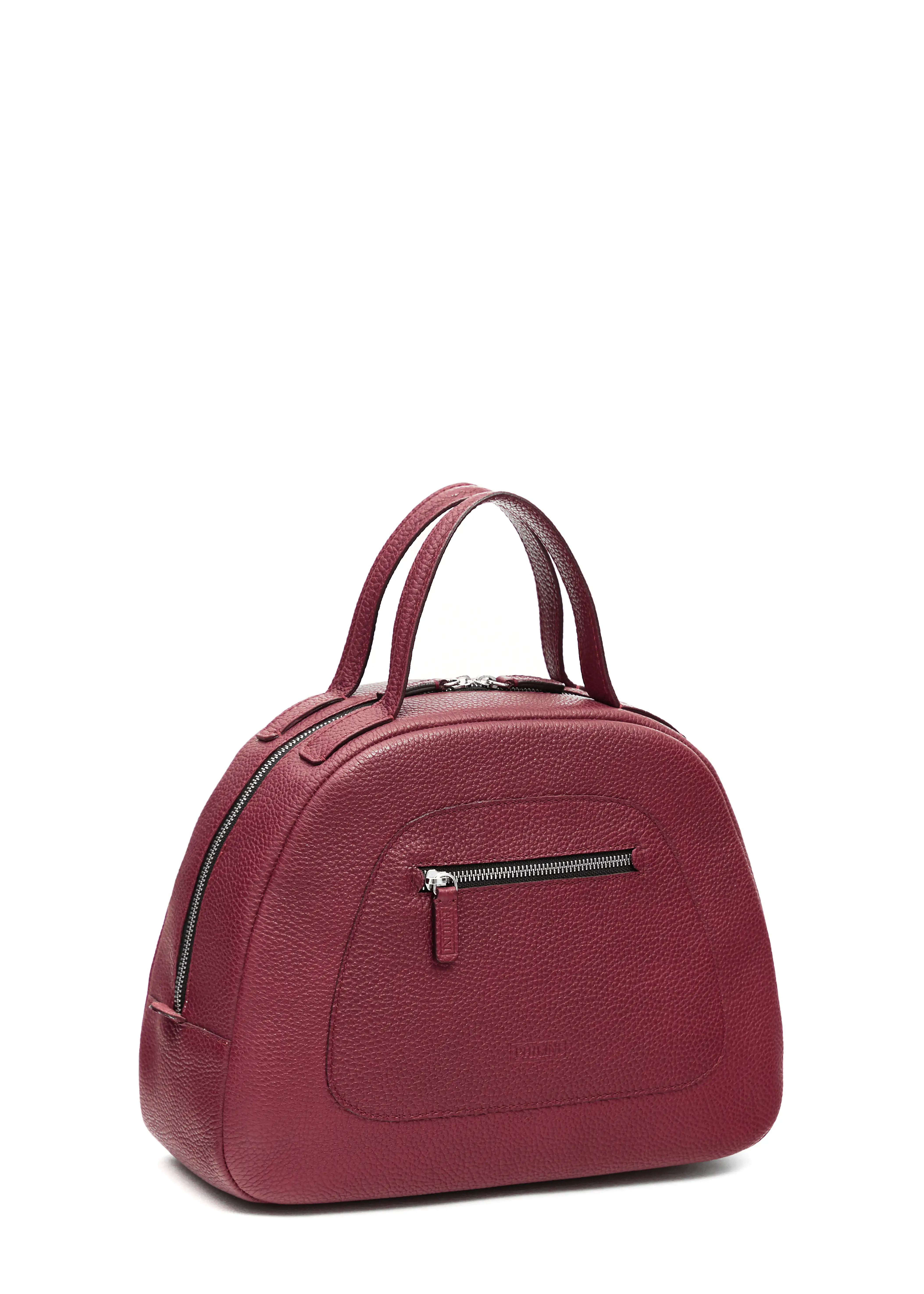 Side view of the Philini Domi Handbag in red calf leather, showcasing the dome shape, short handles, silver rivets, front zip pocket, and zipper closure. The elegant, premium accessory for timeless style. 