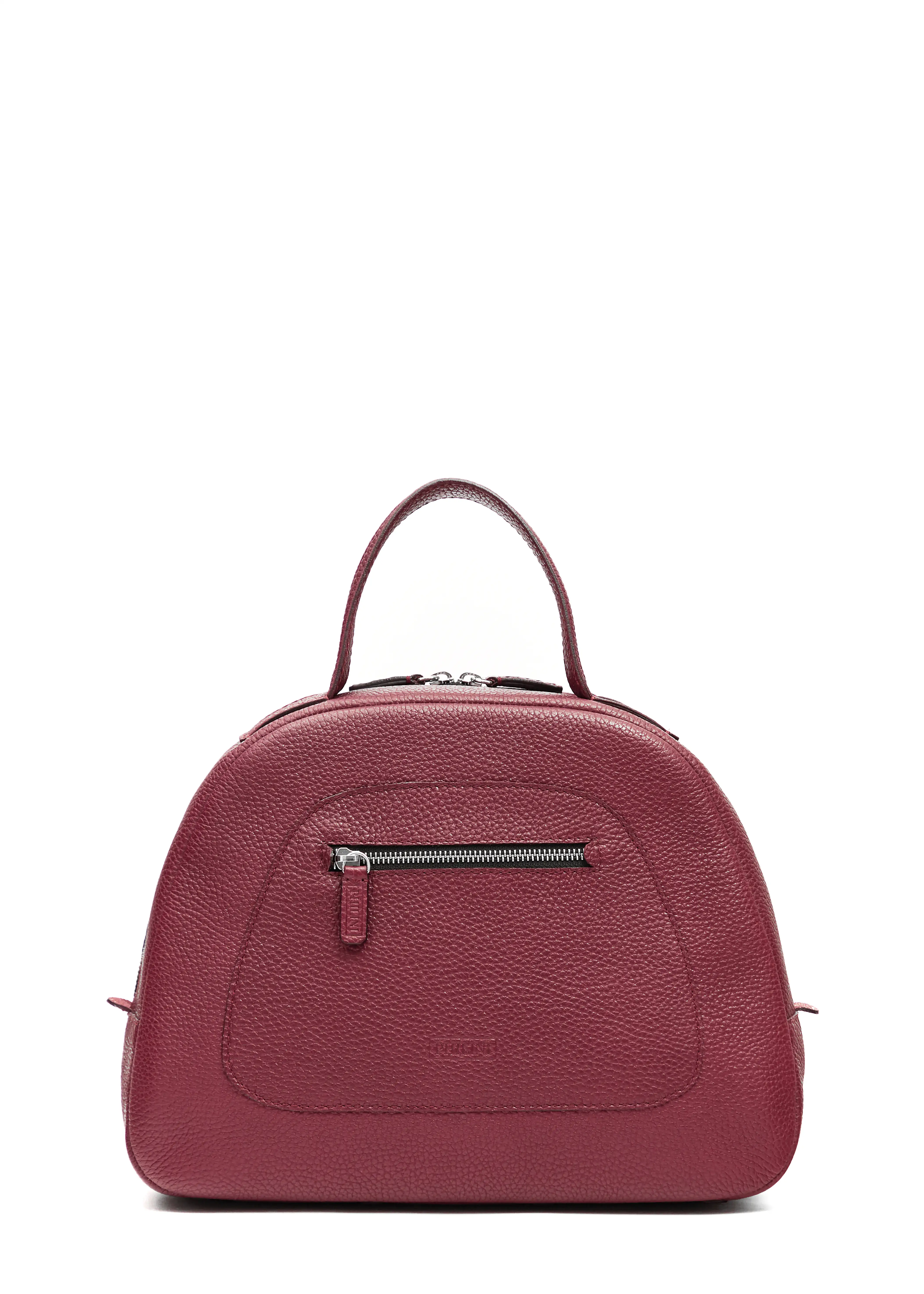 Front view of the Philini Domi Handbag in red calf leather, featuring a dome shape, short handles, silver rivets, front zip pocket, and a sleek silver zipper. This handcrafted designer leather bag blends minimalist design with elegant.