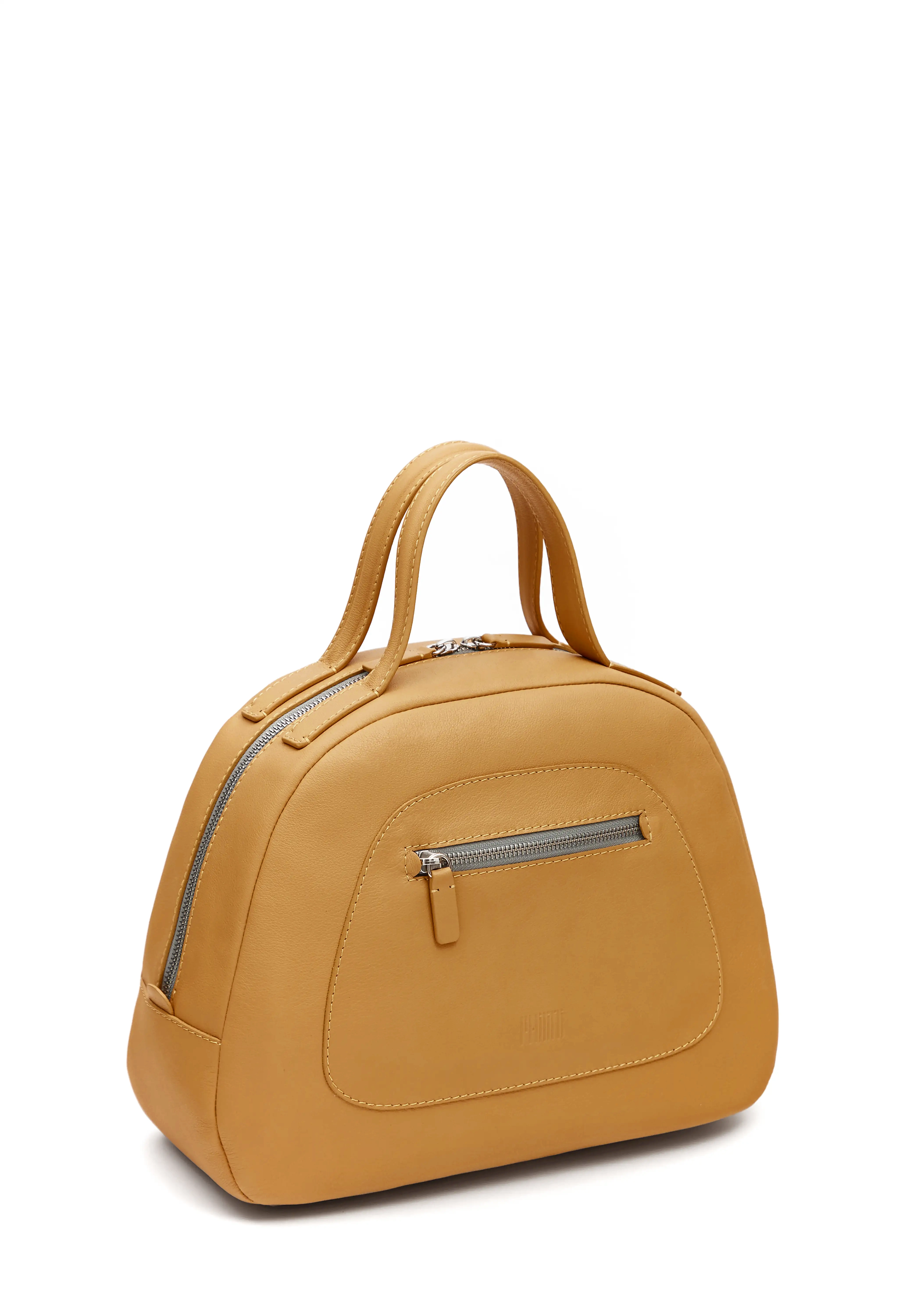 Side view of the Philini Domi Handbag in yellow nappa leather, showcasing the dome shape, short handles, silver rivets, front zip pocket, and zipper closure. This handcrafted luxury leather handbag is a sustainable craftsmanship for everyday elegance