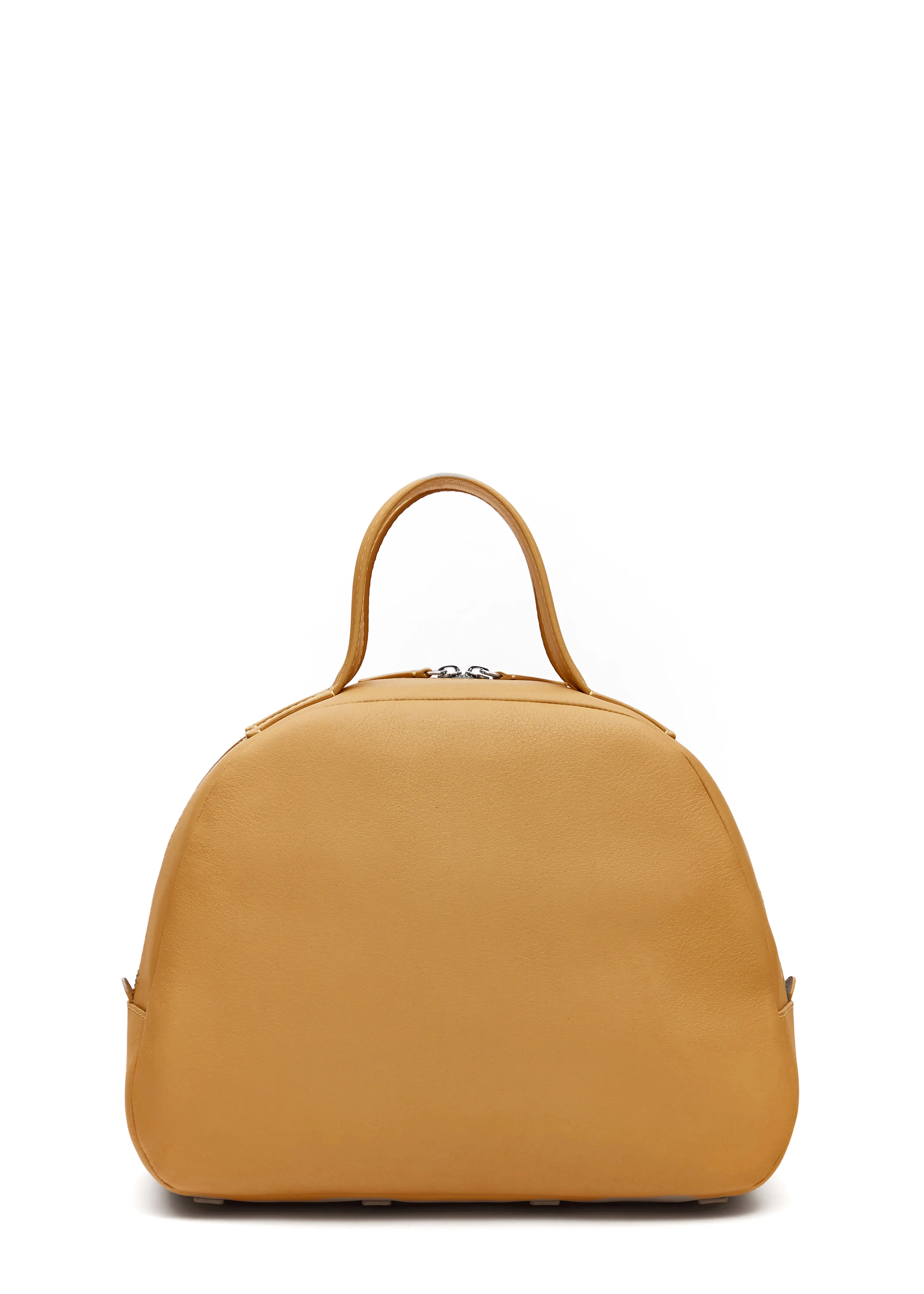 Back view of the Philini Domi Handbag in yellow nappa leather, featuring a dome shape, short handles, silver rivets, and zipper. Handmade leather bag with minimalist design