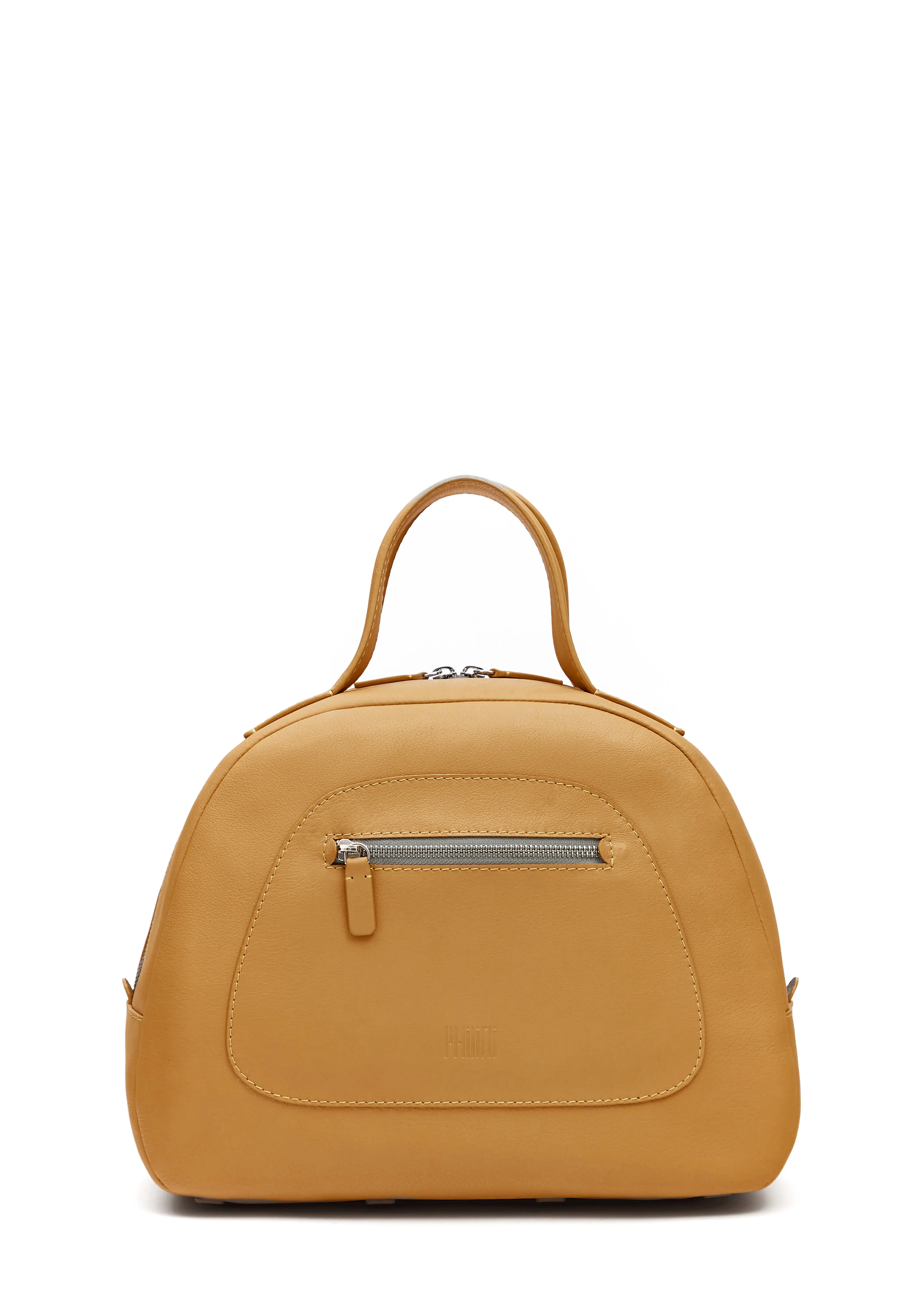 Front view of the yellow Philini Domi Handbag in soft nappa leather, showing dome shape, short handles, front zip pocket, and silver hardware. A stylish and handcrafted everyday leather bag 