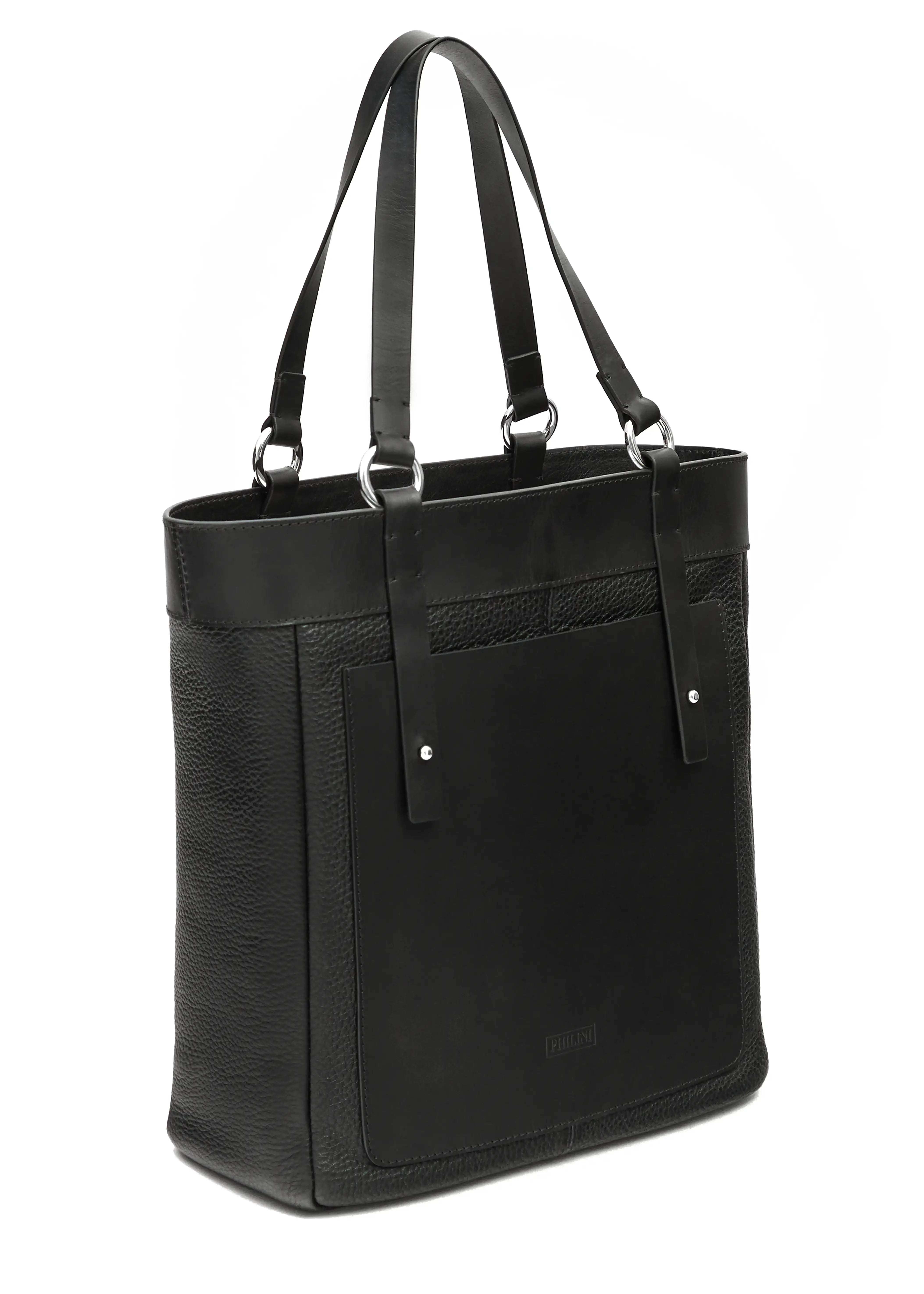 Philini Elena Black Tote Bag in two types of genuine leather, a full-grain leather exterior pocket and silver details on the sturdy handles. This timeless and eco-friendly bag is perfect for modern women seeking elegance and functionality.
