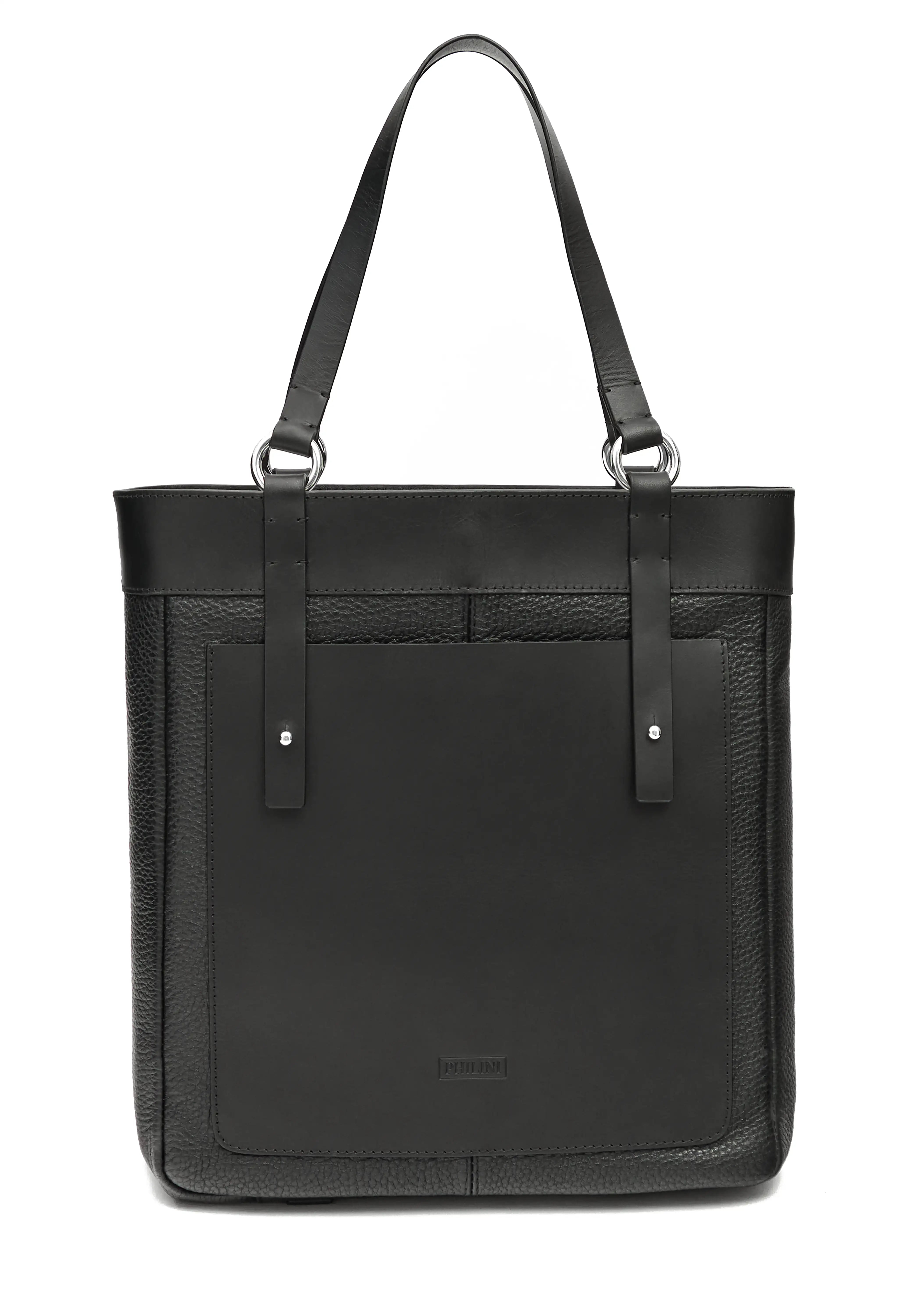 Front view of the Philini Elena Black Tote Bag crafted from two types of leather with a full-grain leather exterior pocket and silver hoops as details on the handles. This timeless and sustainable bag is perfect for modern women seeking elegance and functionality. 