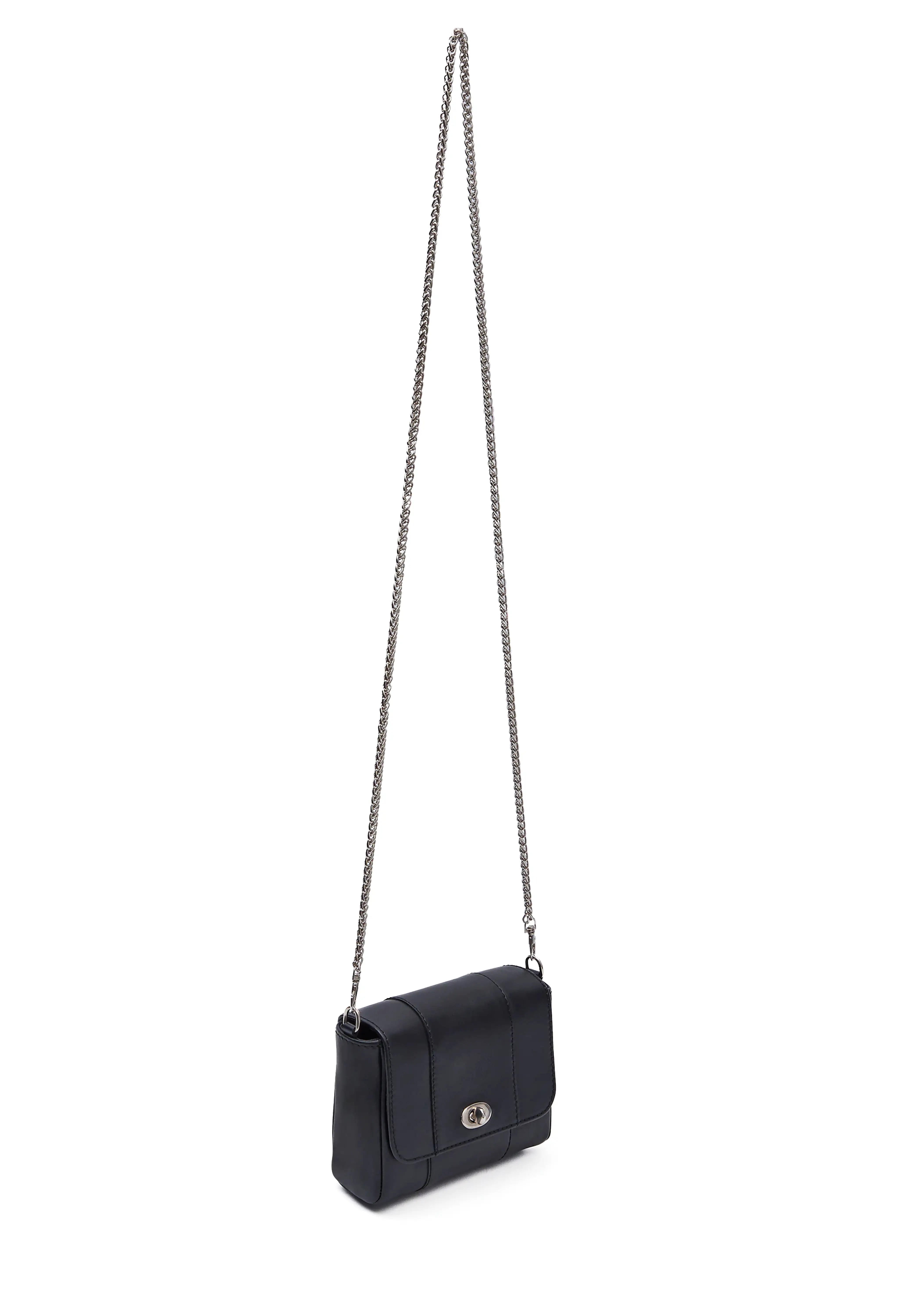 Side view of the Philini Marina Mini Crossbody Bag in black calf leather, rectangular silhouette with front flap, silver clasp, and shoulder chain. Compact black leather purse