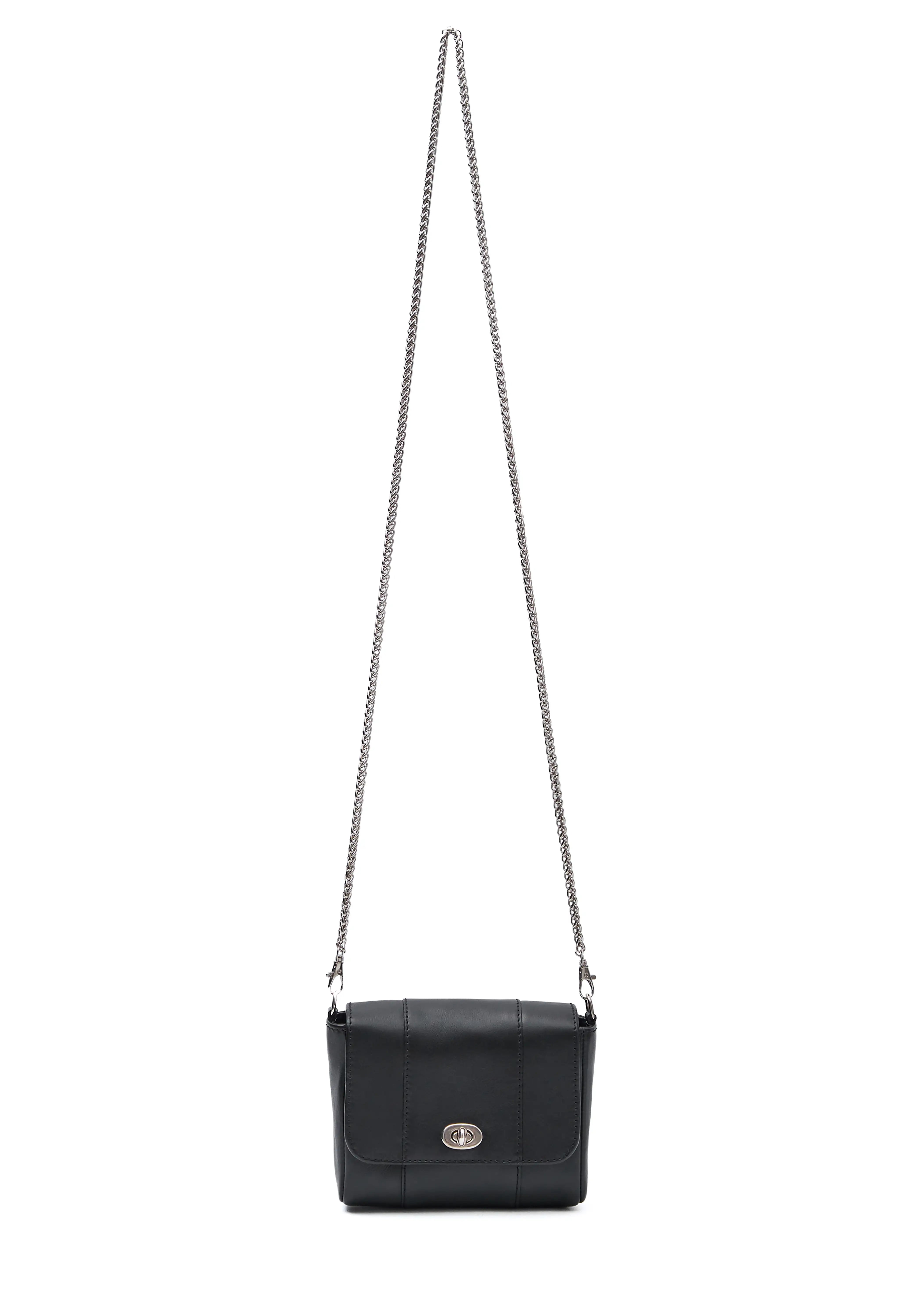 Front view of the Philini Marina Mini Crossbody Bag in black calf leather, rectangular shape with front flap, silver clasp, and silver chain shoulder strap. Elegant mini leather shoulder bag