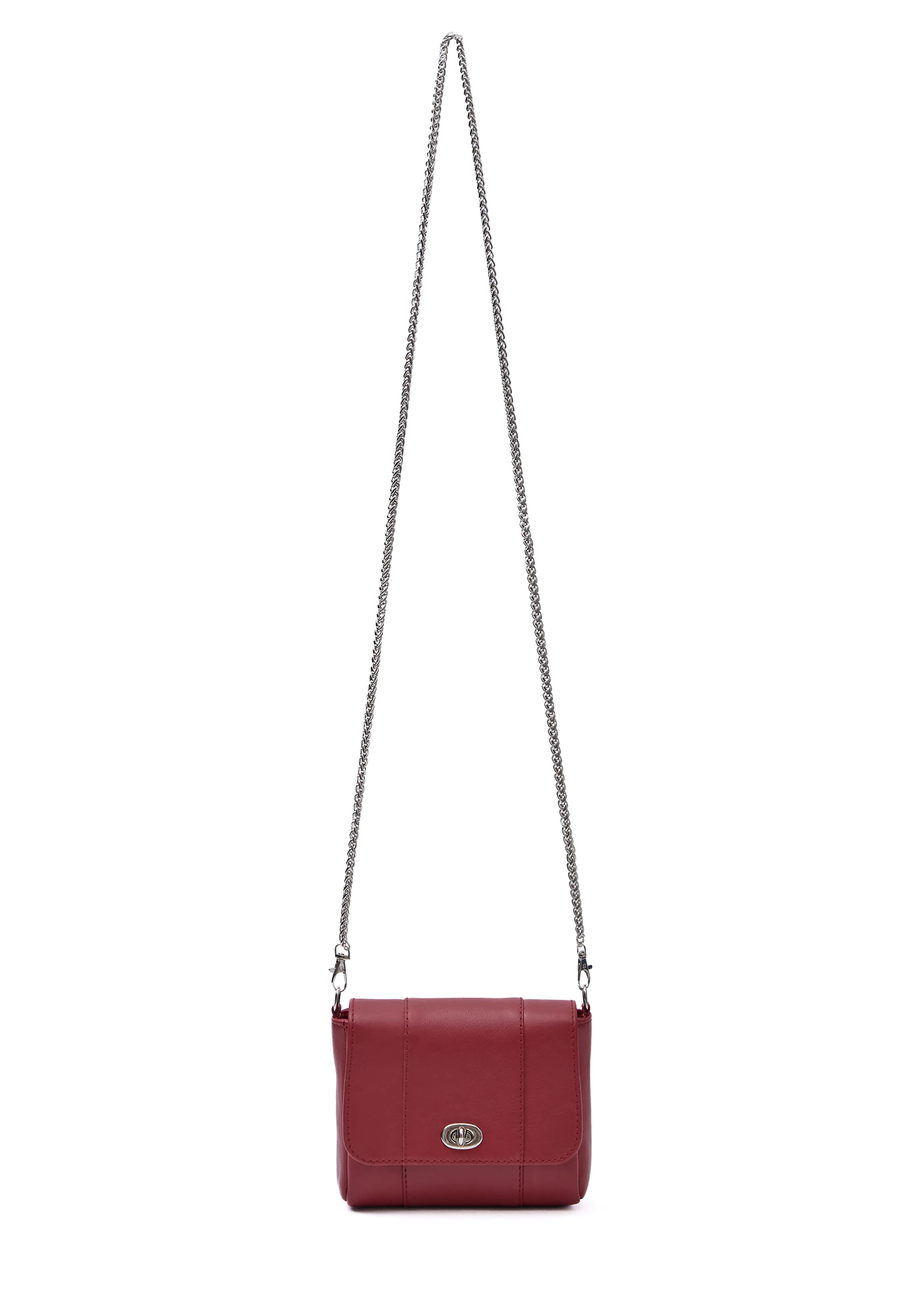 Front view of the Philini Marina Mini Crossbody Bag in red nappa leather, rectangular shape with front flap, silver clasp, and long silver chain shoulder strap. Chic red leather shoulder bag for special occasions
