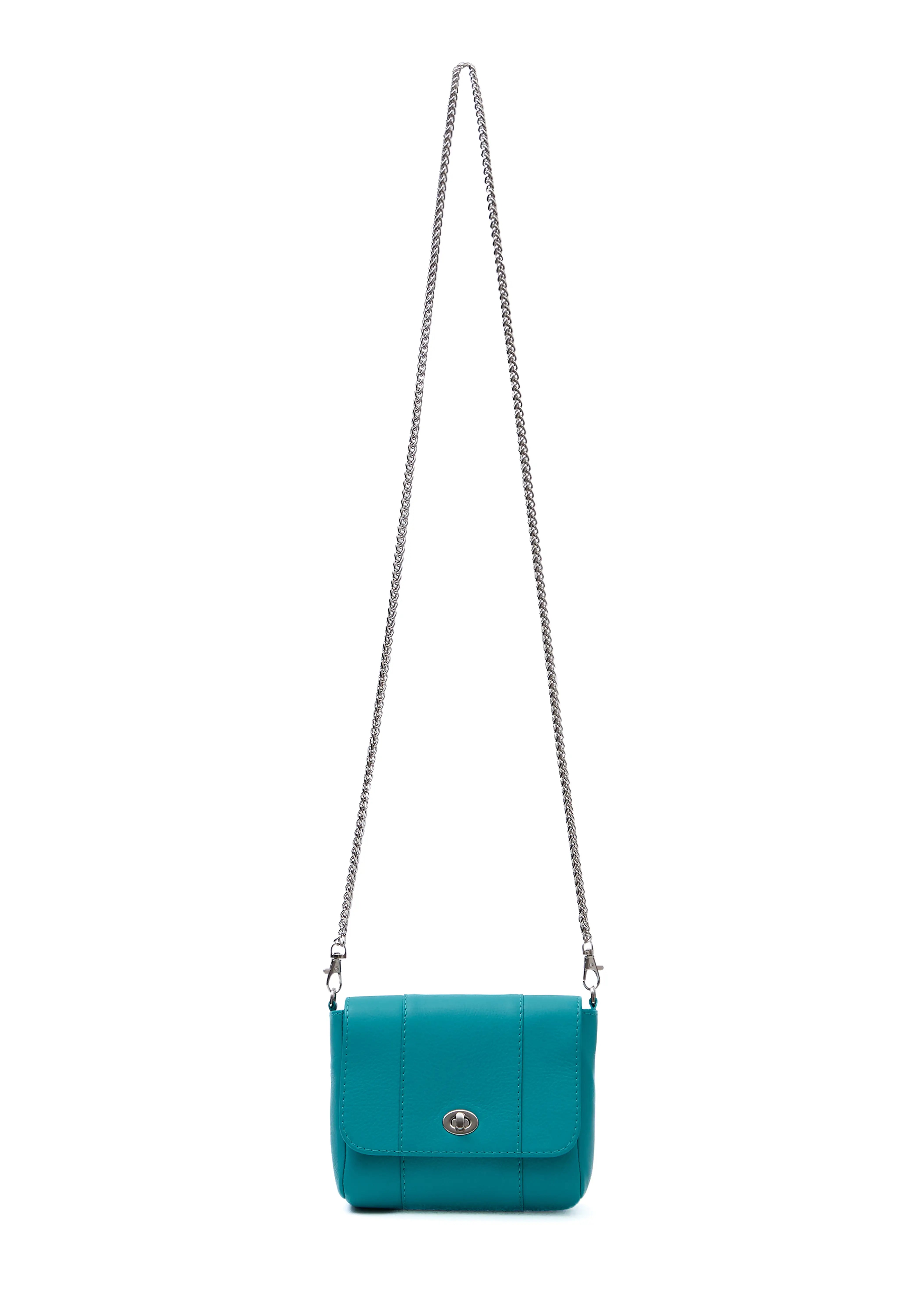 Front view of the Philini Marina Mini Crossbody Bag in turquoise calf leather, rectangular shape with front flap, silver clasp, and silver chain shoulder strap. Vibrant mini leather crossbody 