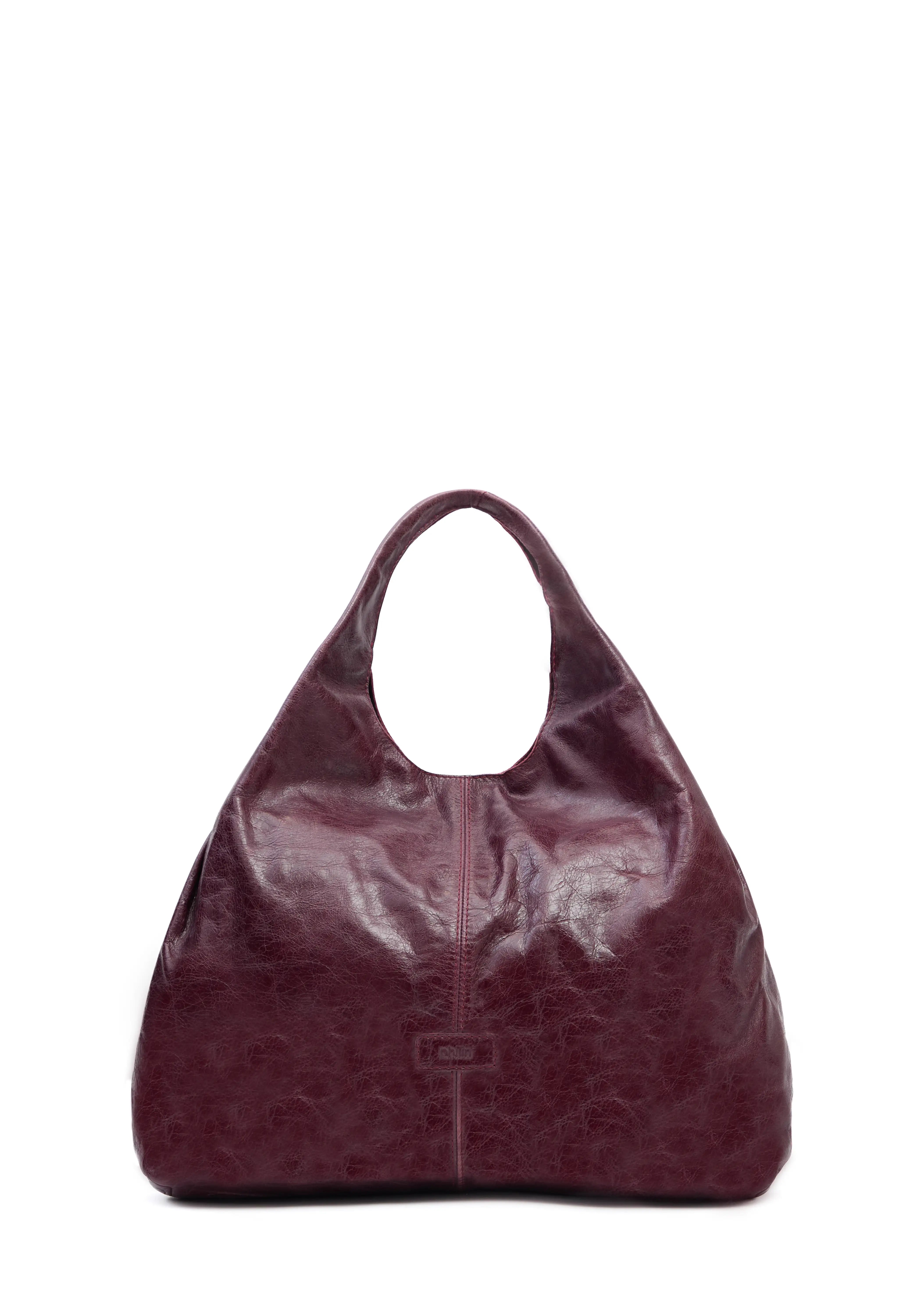 Front view of the Philini Melanie Hobo Bag in burgundy calf leather, featuring two top handles and a leather patch with stamped logo. Elegant leather hobo tote