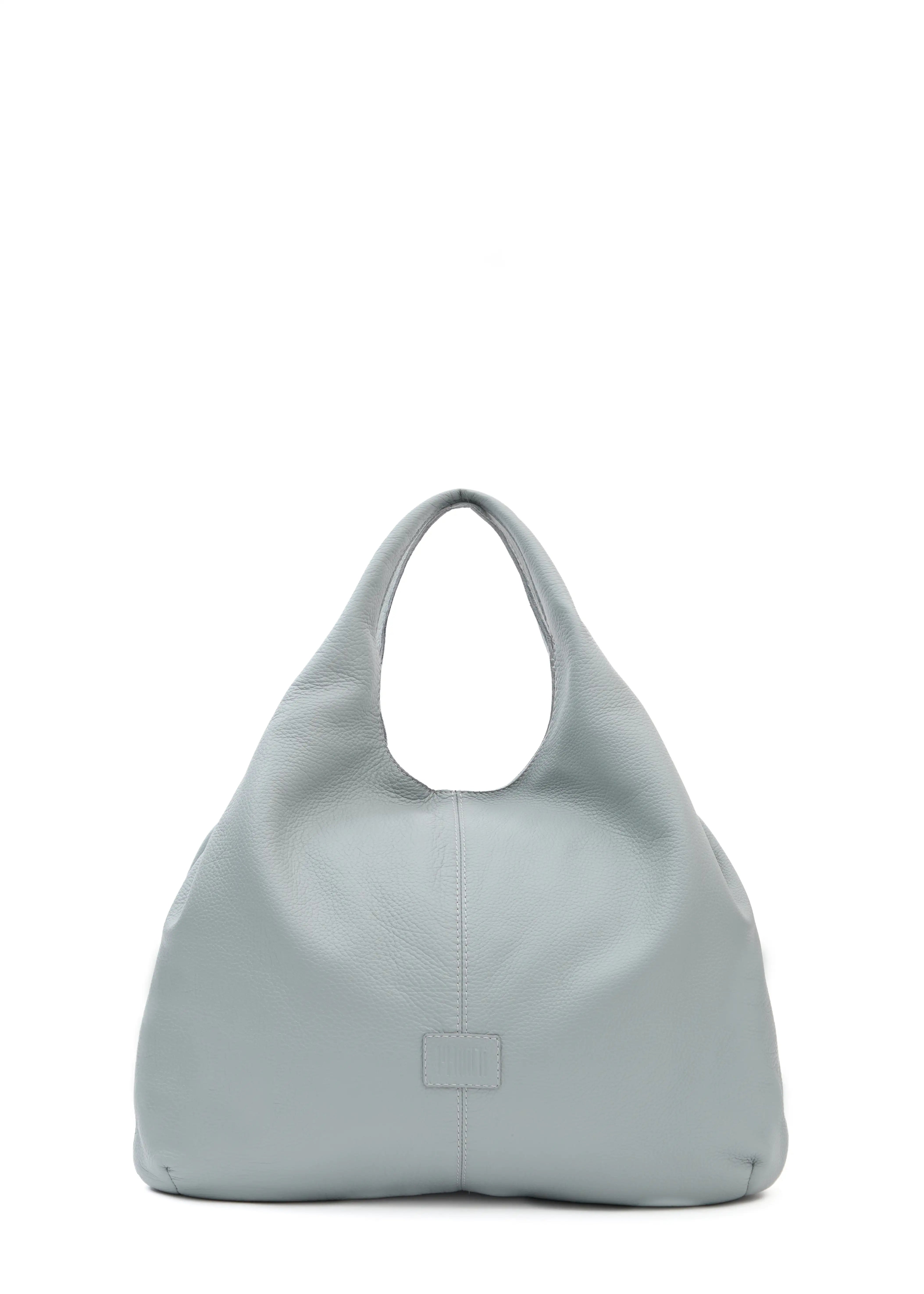 Front view of the Philini Melanie Hobo Bag in grey buffalo leather, featuring two top handles and a stamped logo. Soft full-grain leather shoulder bag, luxury minimalist hobo tote for women.