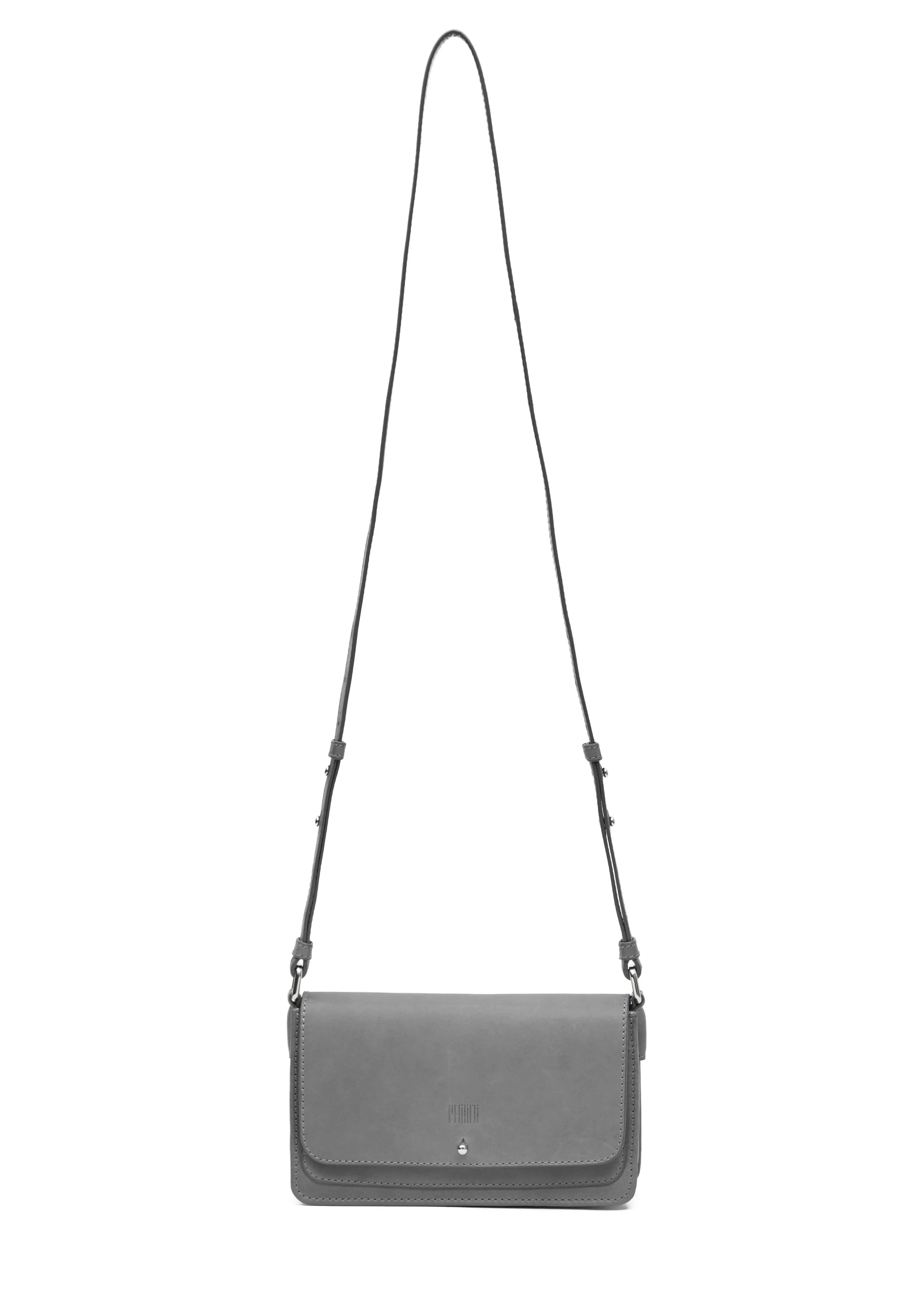 Front view of the Philini Mihaela Wallet Bag in grey Nappa leather, featuring a rectangular form, front flap with silver cufflink closure, and an adjustable leather strap with silver accents. This designer ladies wallet crossbody is a compact.