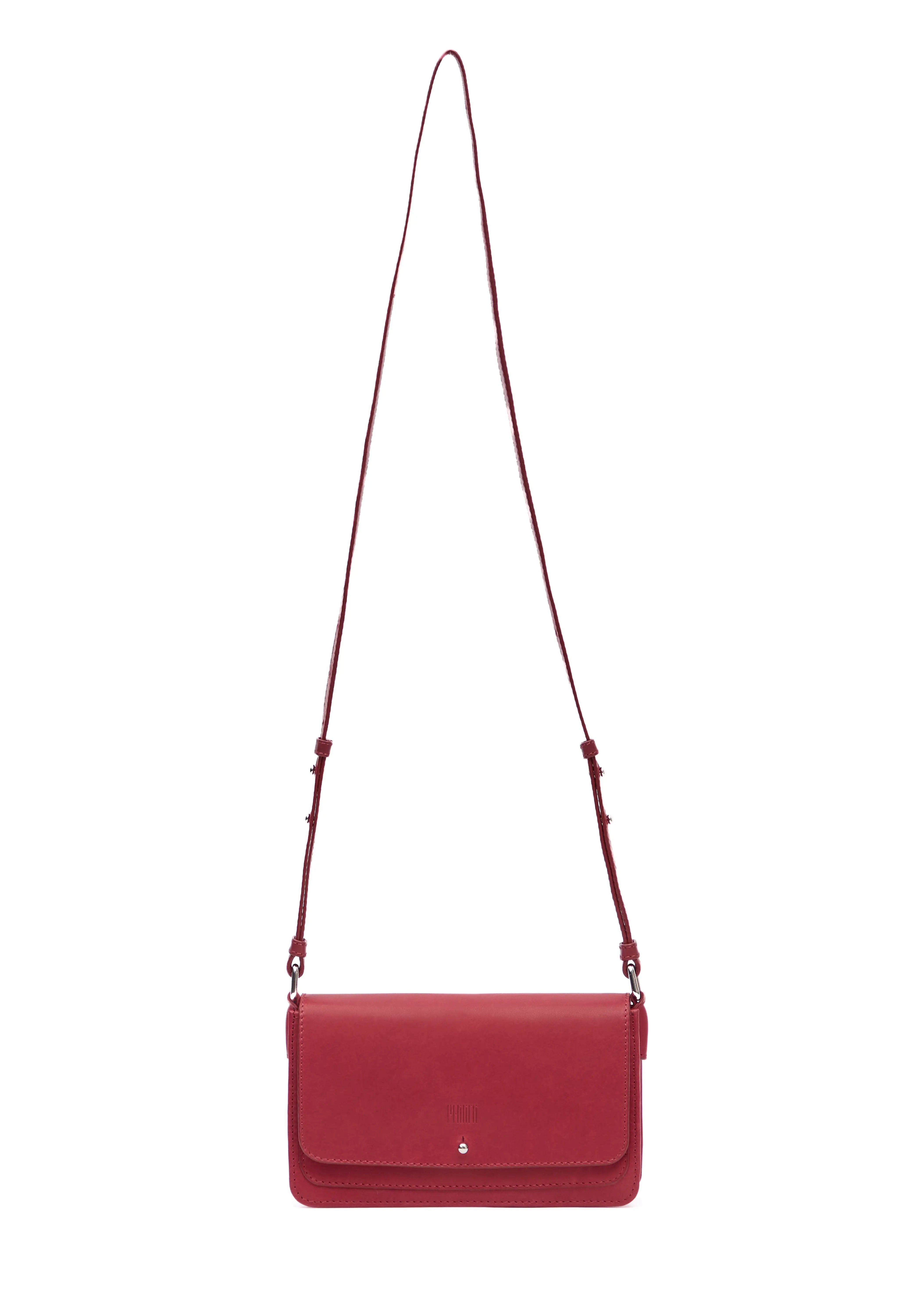 Front view of the Philini Mihaela Wallet Bag in vibrant red nappa leather, featuring a softly tapered rectangular shape, front flap with silver cufflink closure, and an adjustable leather strap. A refined, minimal-chic designer wallet crossbody.