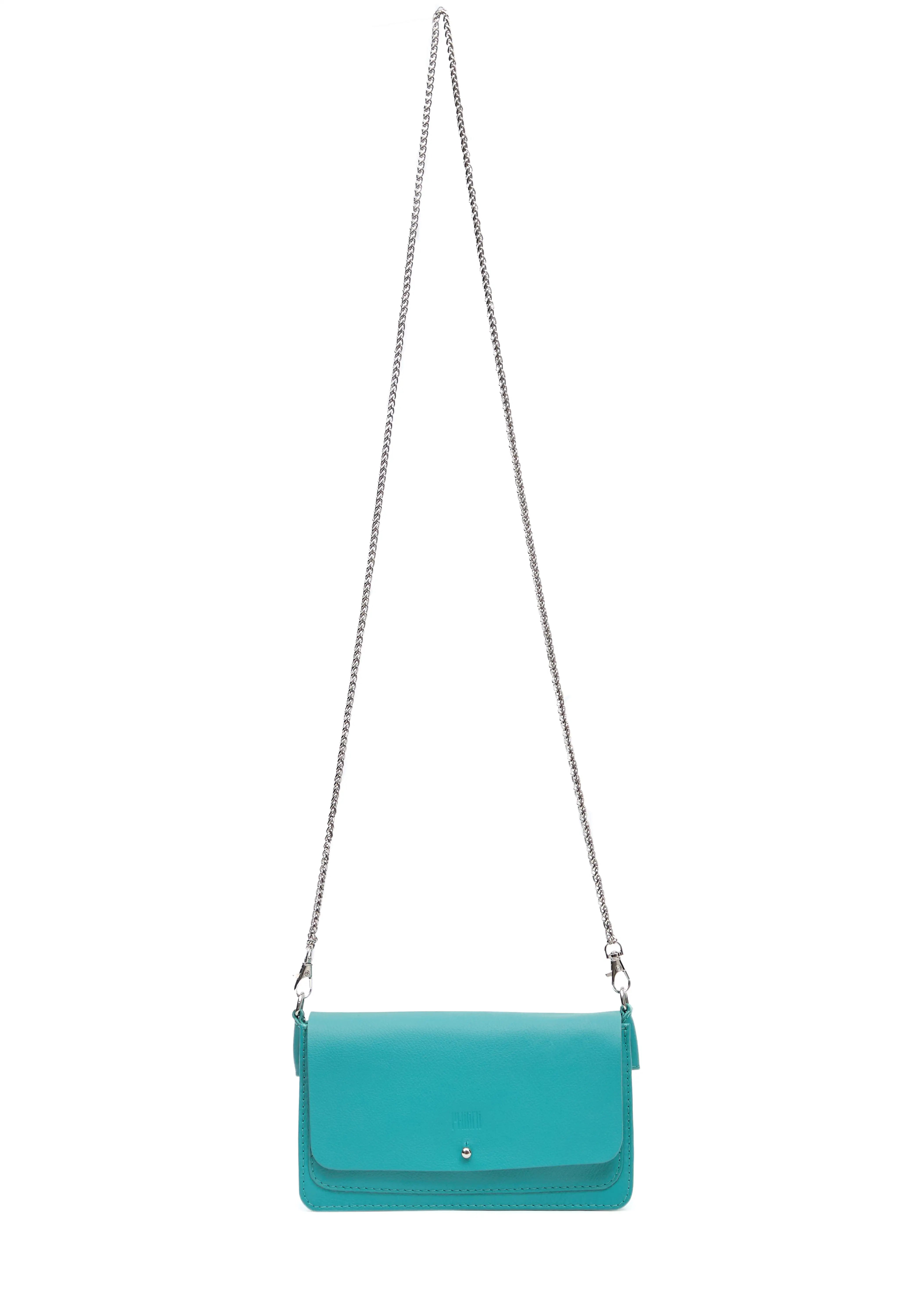 Front view of the Philini Mihaela Wallet Bag in turquoise nappa leather, featuring a softly tapered rectangular shape, front flap with silver cufflink closure, and a long metal chain handle. A compact crossbody wallet bag is a designer lady’s accessory.