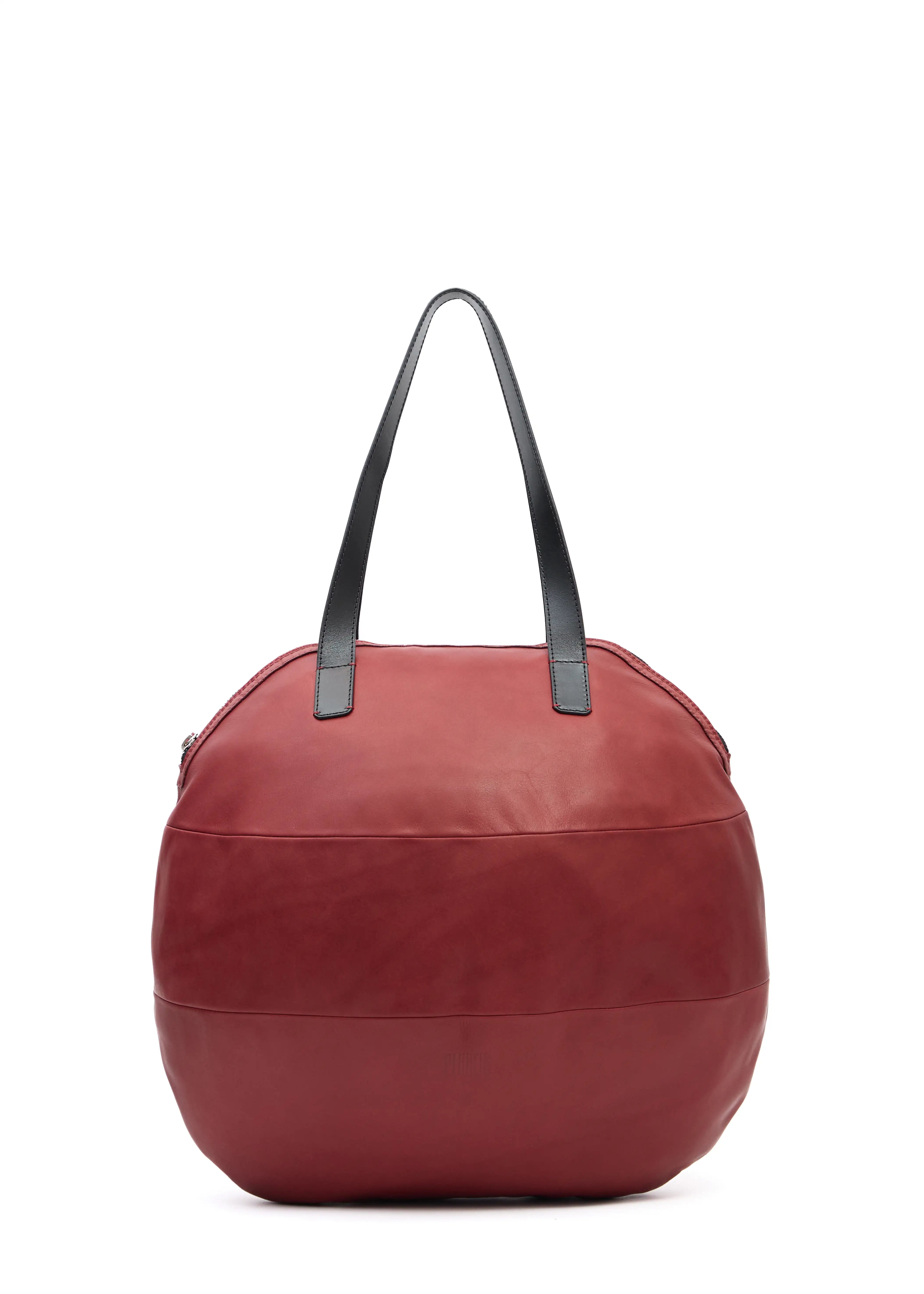 Front view of the Philini Nataly Handbag in bordeaux aniline calf leather, featuring a round silhouette with two black handles. A spacious leather bag, sustainably handcrafted,  spacious everyday handbag.