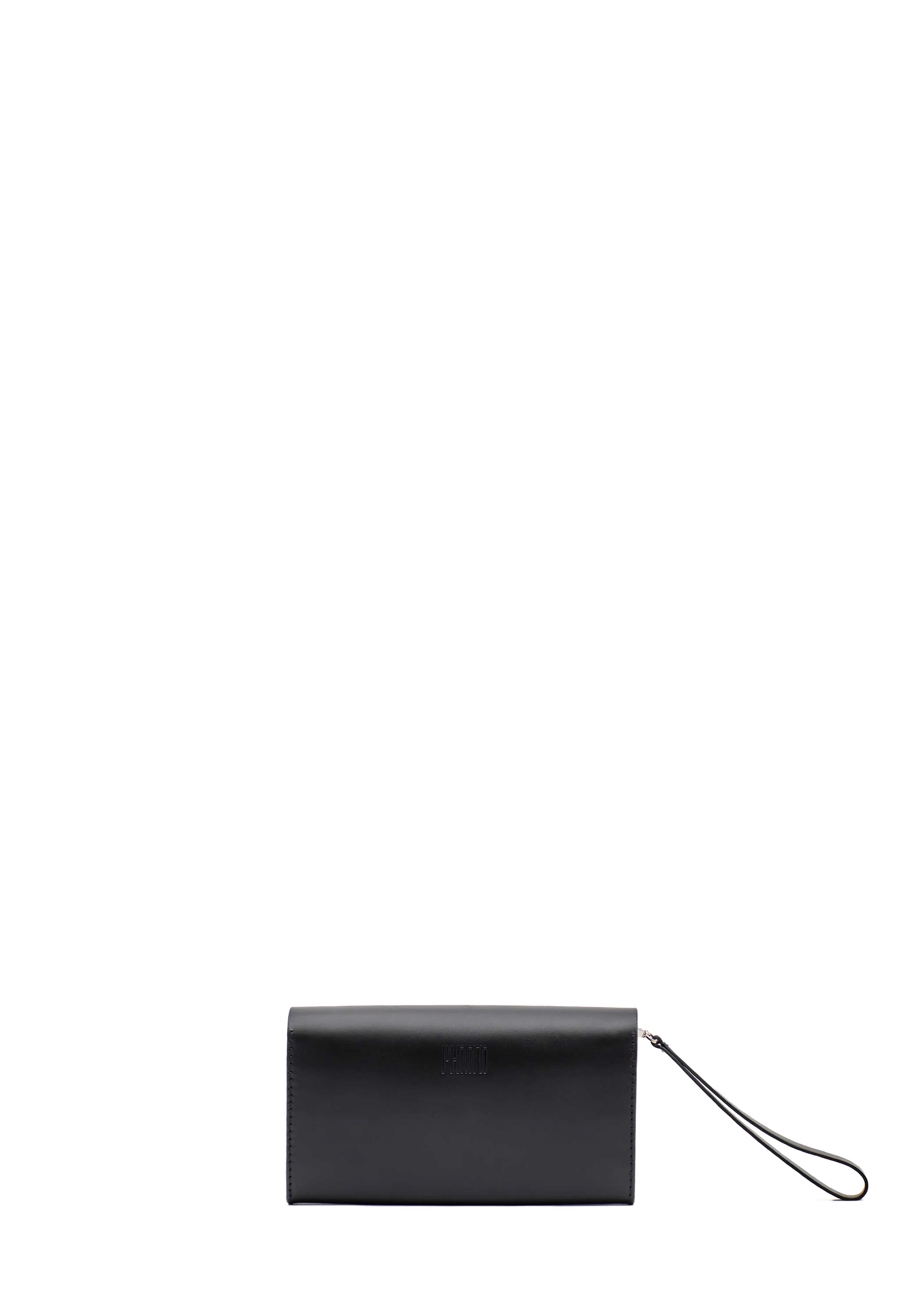 Back view of the Philini Sandra Wallet in black full-grain leather, rectangular design with stamped logo and short flat handle. Minimalist designer women’s wallet