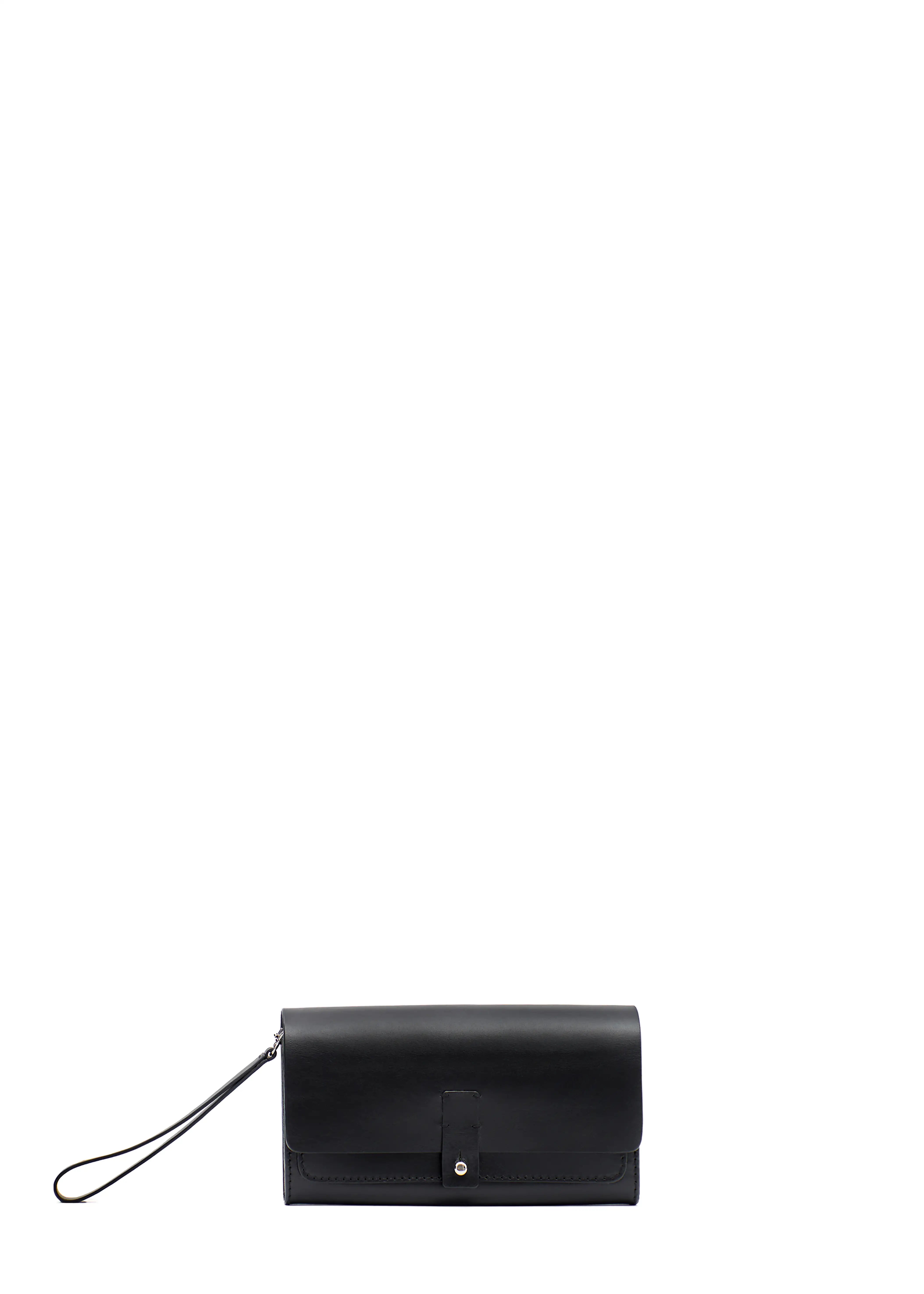 Front view of the Philini Sandra Wallet in black full-grain leather with a rectangular silhouette, leather flap, silver cufflink closure, and short flat handle. Premium designer leather accessory