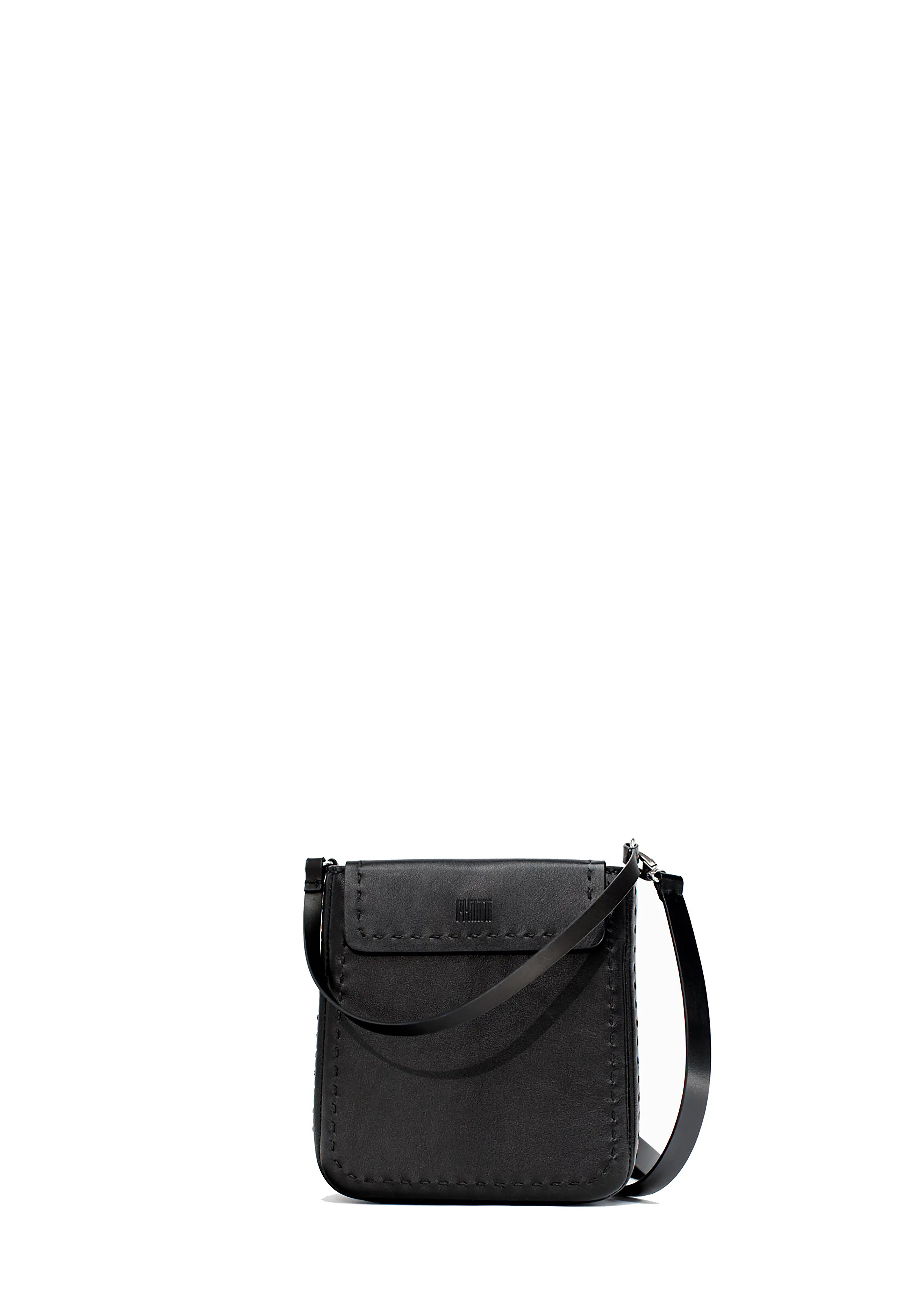 Close front view of the Philini Saphira Purse in black aniline leather, compact rectangular silhouette with hand-stitched accents, smooth half-lap flap, and versatile leather and chain handles. Handmade black leather evening bag.