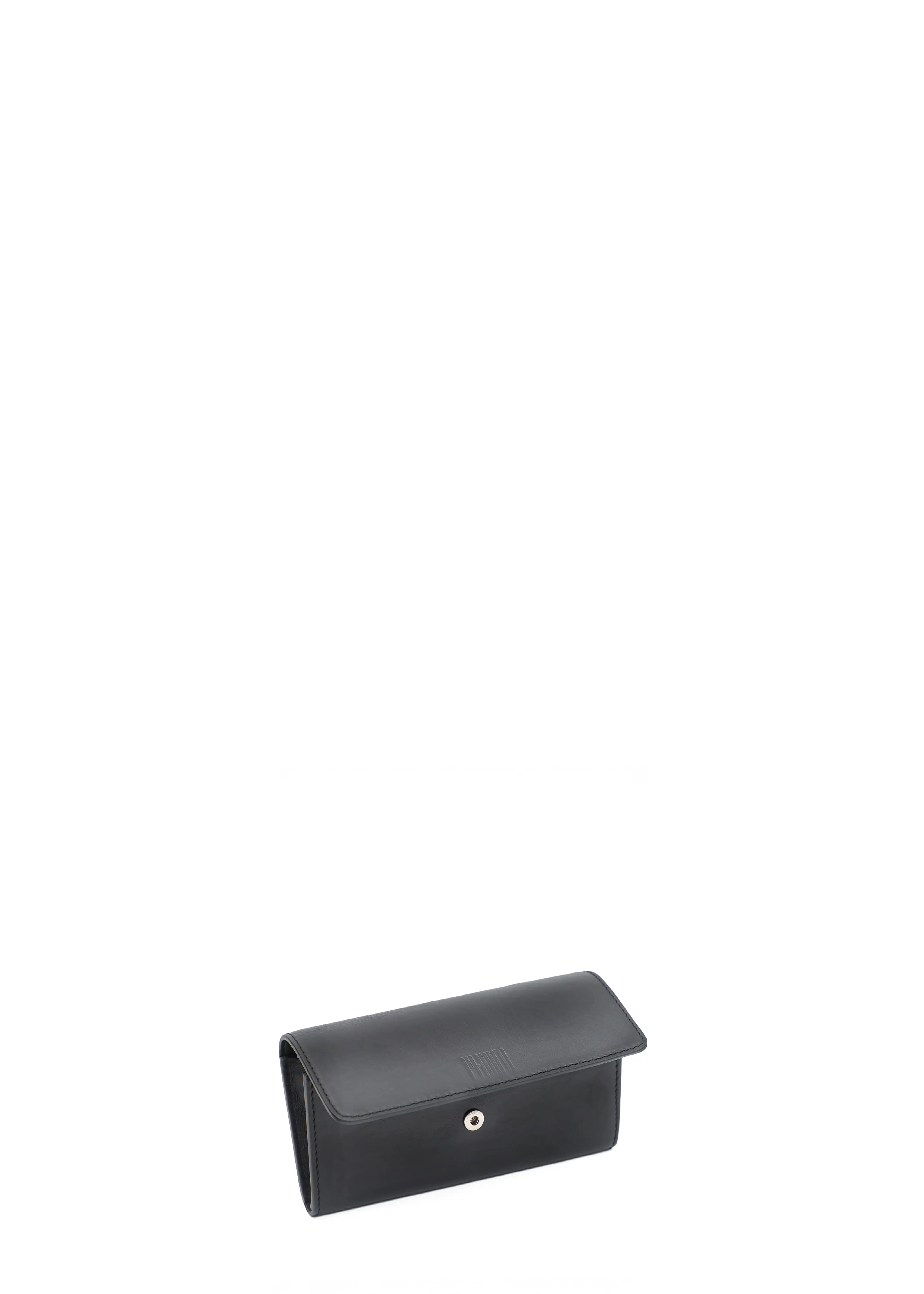 Side view of the Philini Tina Wallet in black nappa leather, rectangular silhouette with open flap and visible snap button. Premium women’s wallet