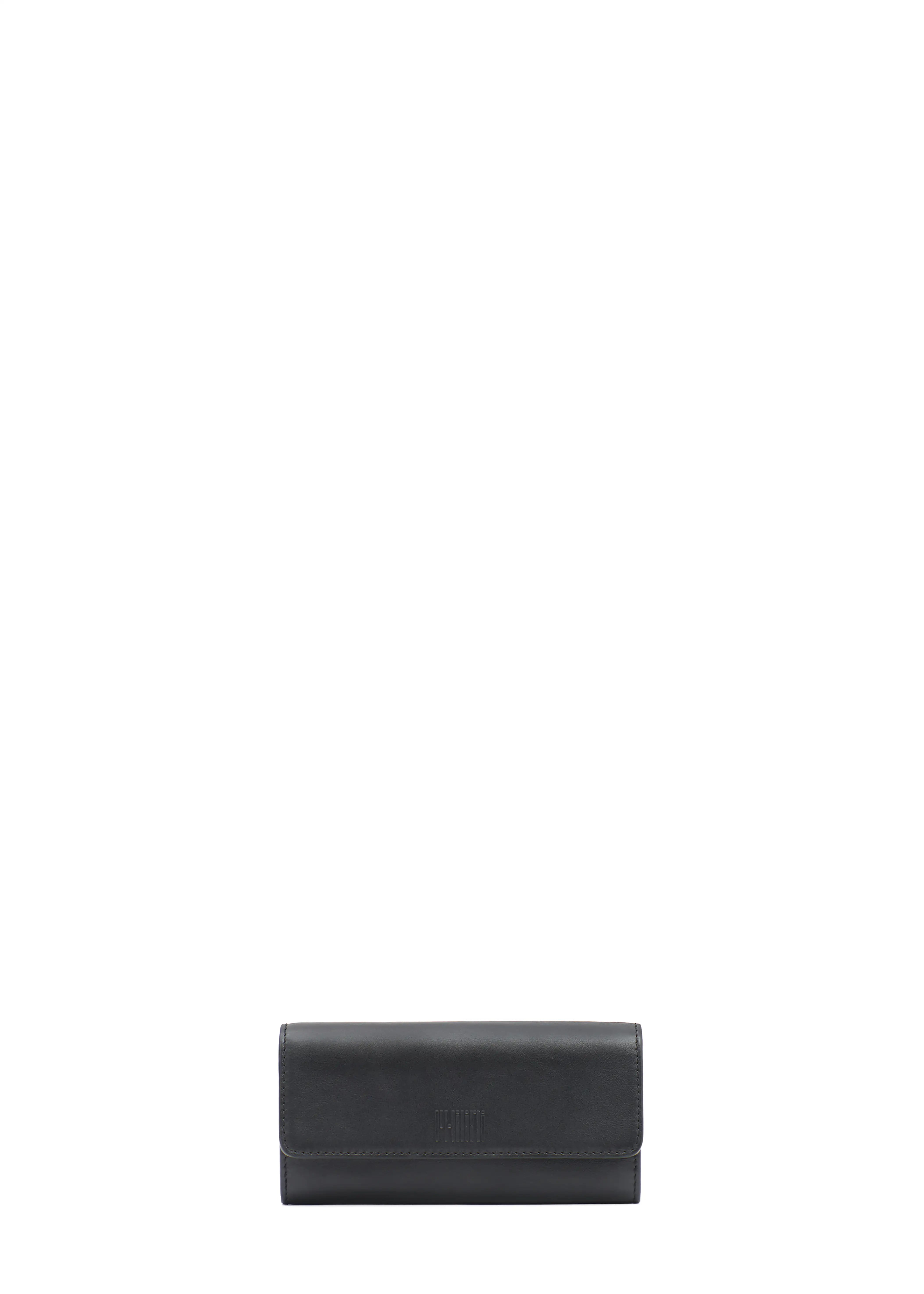 Front view of the Philini Tina Wallet in black nappa leather, rectangular silhouette with flap, snap button, and stamped logo. Stylish compact leather wallet