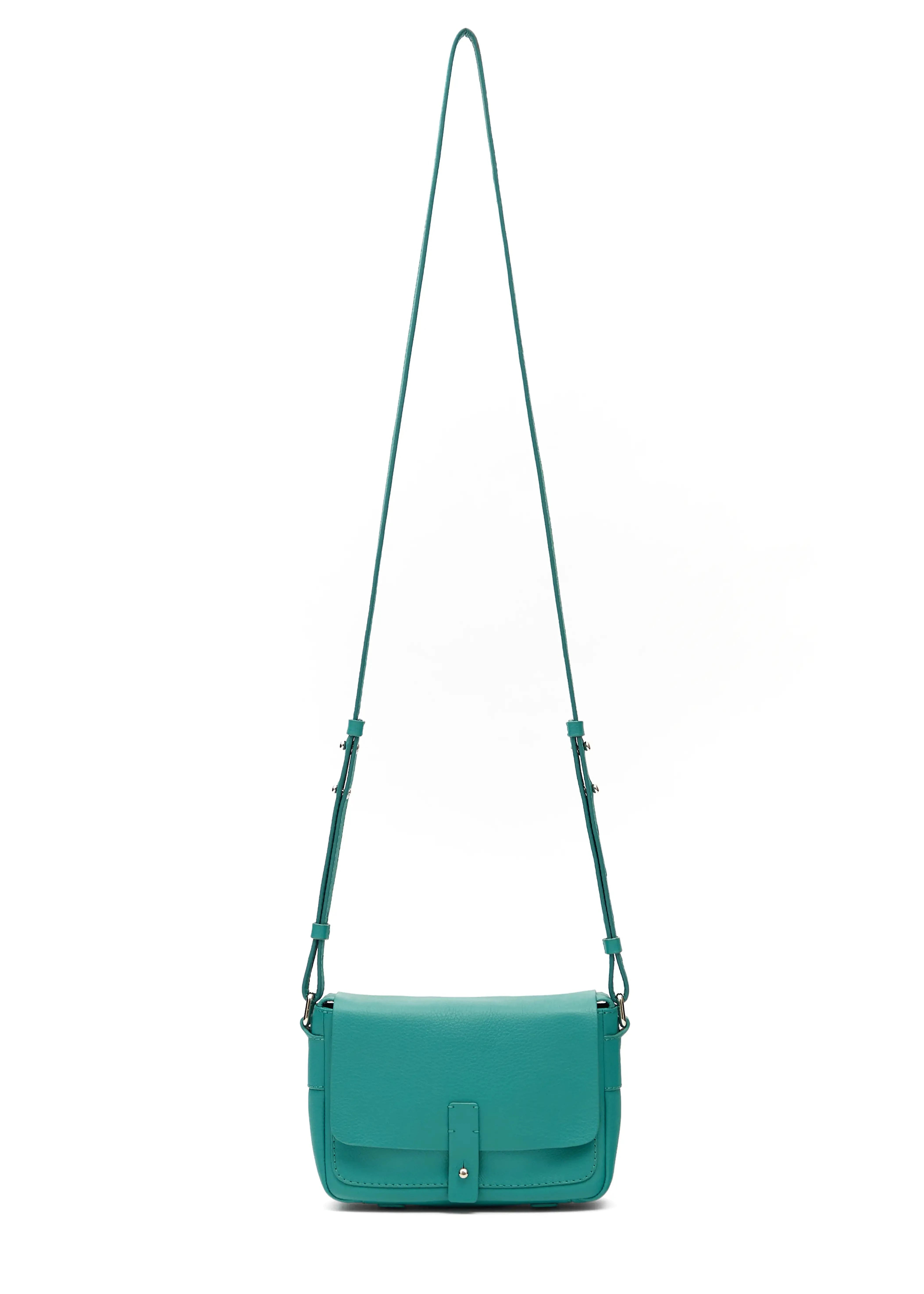 Front view of the Philini Whitney Mini Crossbody Bag in turquoise nappa leather, featuring a vertical rectangular silhouette, front flap with silver cufflink closure, and adjustable leather strap with silver hardware. A handcrafted, luxury mini crossbody bag for compact, everyday style and conscious fashion