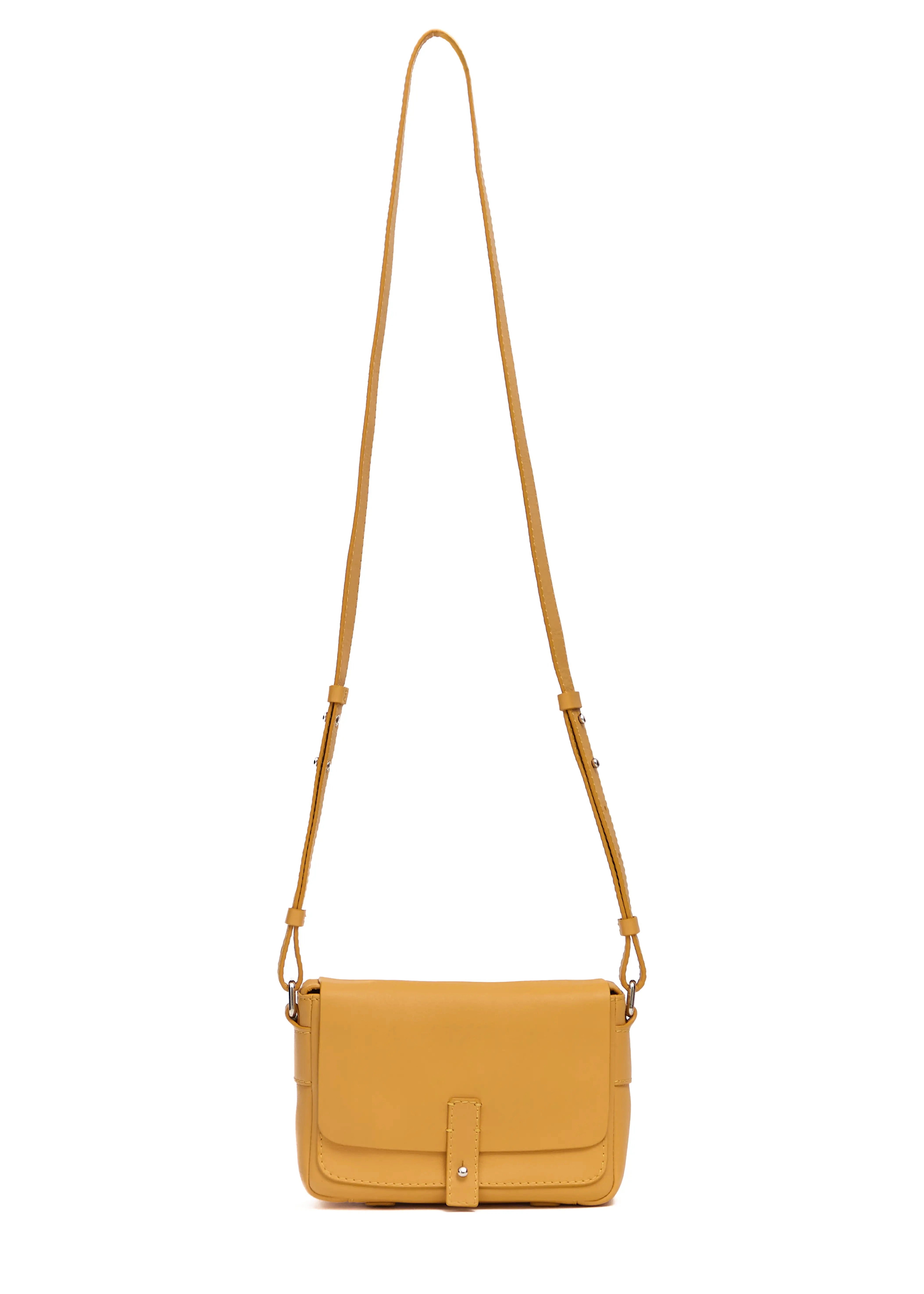 Front view of the yellow Philini Whitney Mini Crossbody Bag in nappa leather, featuring a vertical silhouette, silver cufflink closure, and adjustable strap. A handcrafted compact purse for modern elegance and refined daily wear.