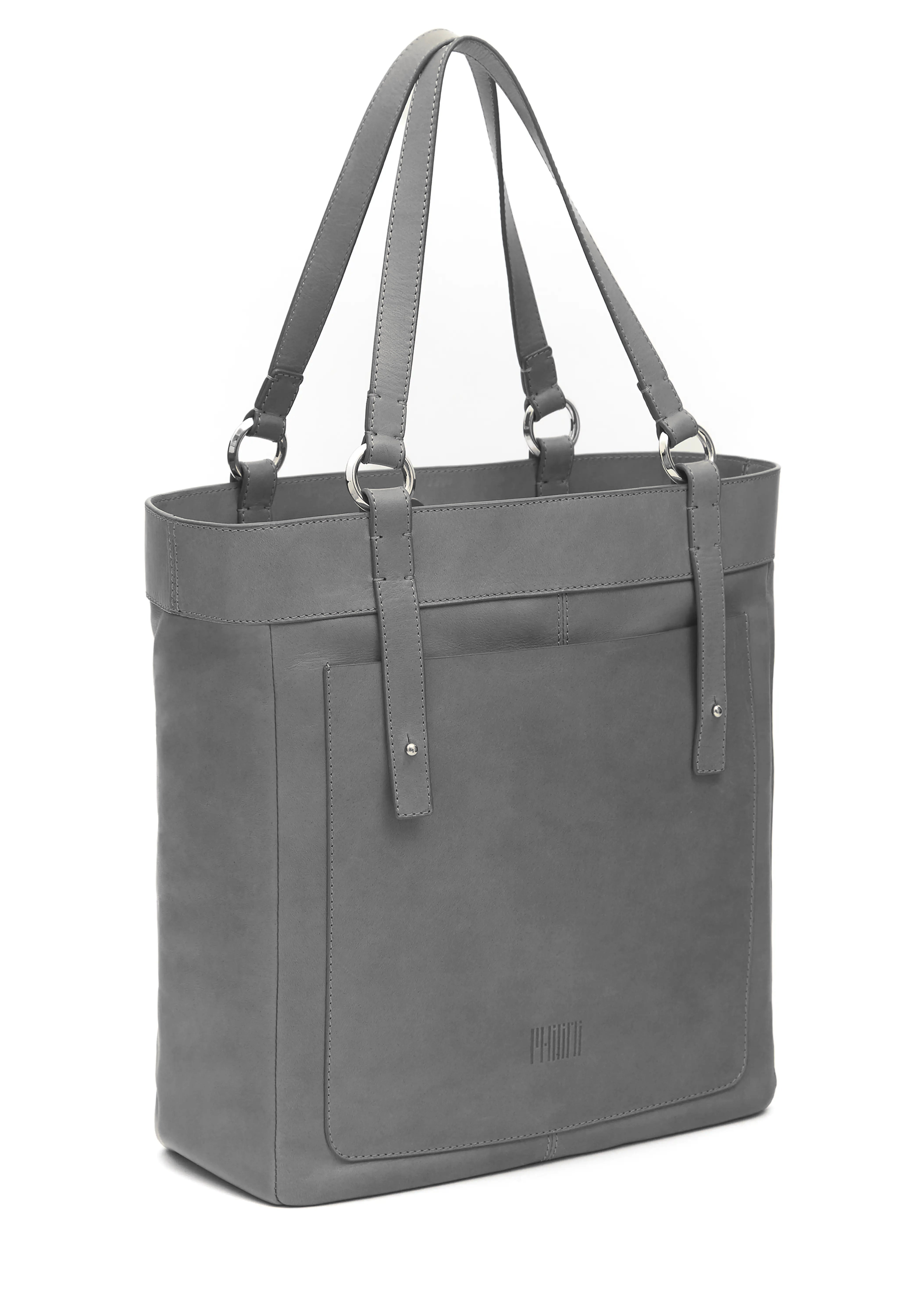 Side view of the Philini Elena Grey Tote Bag in smooth grey aniline leather, featuring a leather exterior pocket, hand-stitched handles with silver hoop accents. A elevated designer essential.
