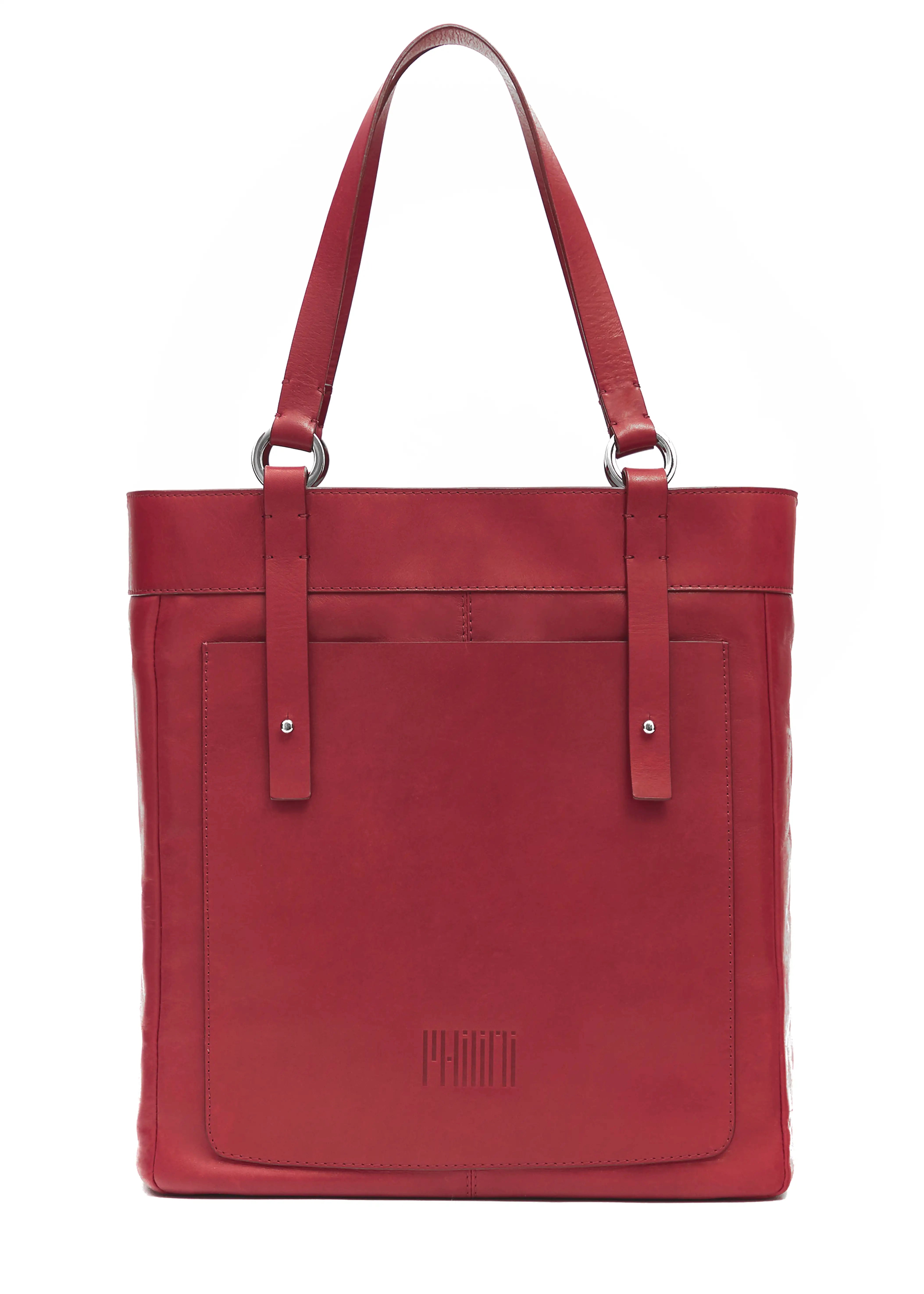 Front view of the Philini Elena Red Tote Bag crafted from red aniline leather, with leather exterior pocket, stamped logo and silver hoops as details on the handles. This eco-friendly accessory offers sophisticated style.