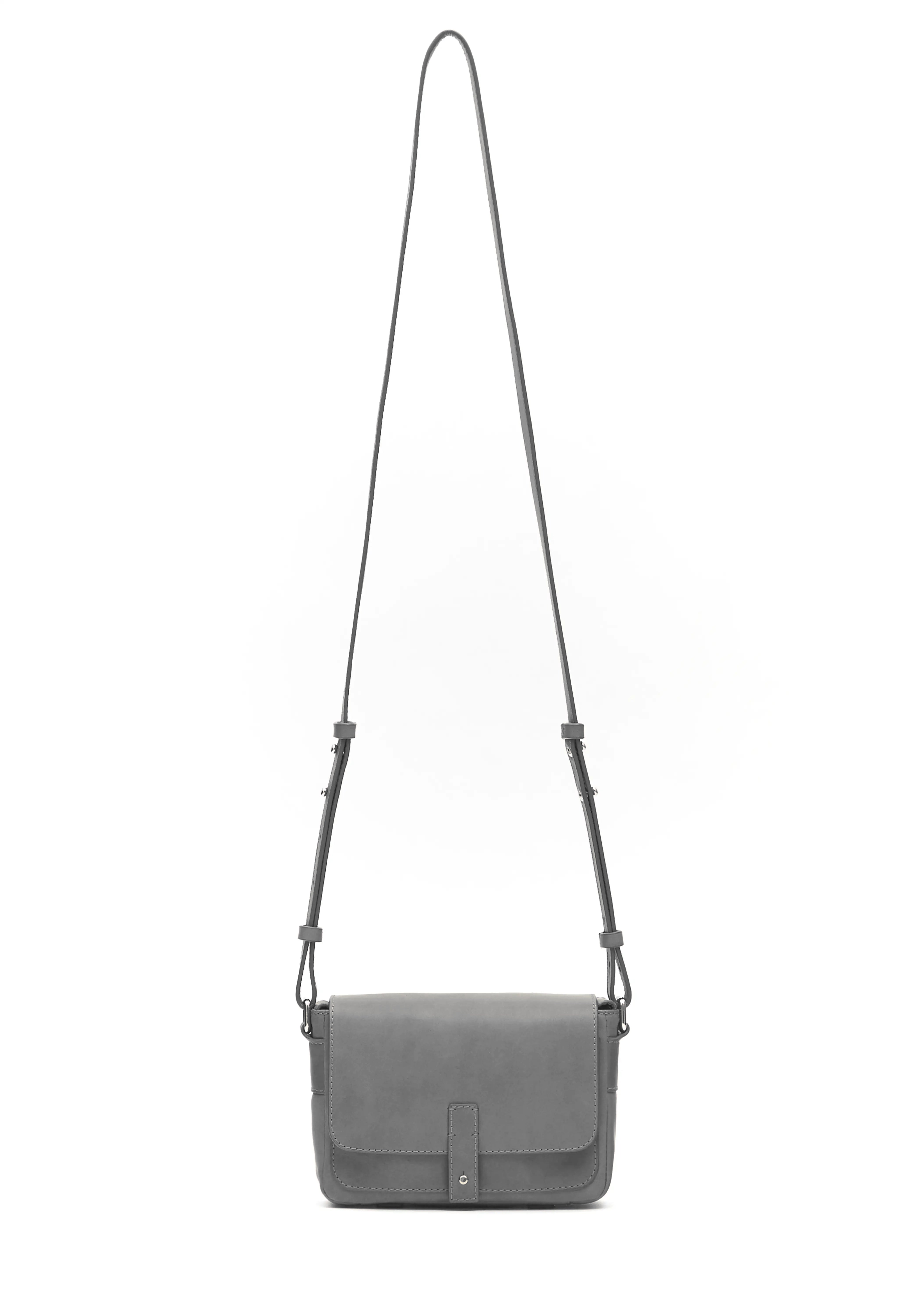 Front view of the grey Philini Whitney Mini Crossbody Bag in nappa leather, showing its rectangular shape, front flap with silver closure, and adjustable strap. A compact, handcrafted shoulder bag for everyday wear and refined style.